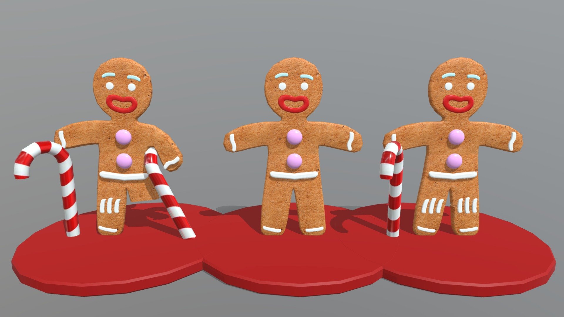 This is a Christmas Gingerbread man pack 3D model. It is in low poly model. It is made in Autodesk Maya 2018 and texturized with uvs, iluminated and rendered in Arnold 2018. This model can be used for any type of work as: low poly or high poly project, videogame, render, video, animation, film…This is perfect to use it as decoration in a Christmas Scene or for a CHristmas postcard image with other foods or candies… Also you can use it to 3D printing. There are three Gingerbread Men : one with broken legs , another one without leg and the third one it is complet. This model has his own base and models are decorated with candys too.

This contains a  .obj , file and all the textures.

I hope you like it, if you have any doubt or any question about it contact me without any problem! I will help you as soon as possible, if you like it I will aprecciate if you could give your personal review! Thanks! - Christmas Gingerbread man Pack - Buy Royalty Free 3D model by Ainaritxu14 3d model