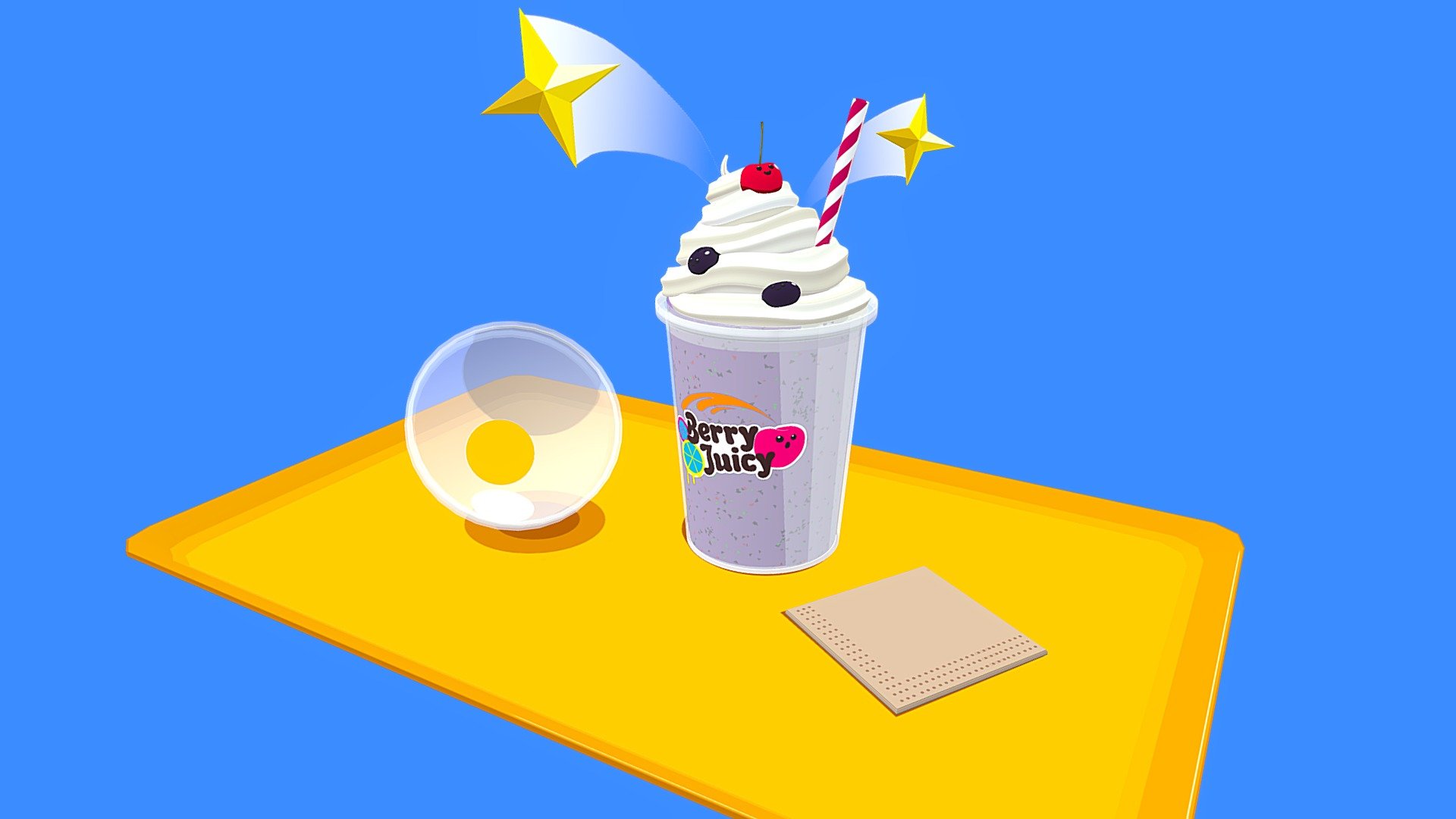 I was recently inspired to do some smoothies irl, so I decided I should do one in 3D too. The original intention was to use realistic shaders and work with the transparent plastic material, but then I realized it was going to be really tricky to recreate it in Sketchfab so I changed to a completely cartoon style 3d model