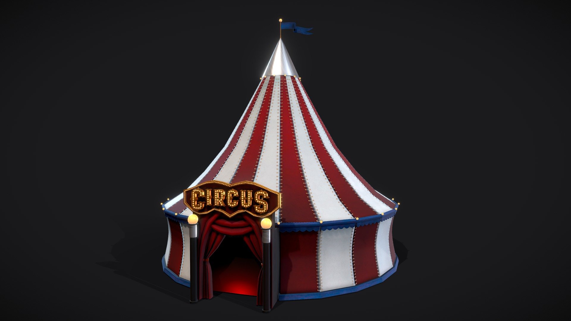 Circus Tent game-ready model. 
Optimized low poly. 
PBR Metal-Roughness.

Non-overlapping UVs. 
Real-World Scale. 
Easy on performance

The archive contains the following files:




.MA file (original MAYA file, version 2022)

FBX file

OBJ 

Texture set (available in 4096*4096)




Circus_BaseColor

Circus_Normal

Circus_Metalness

Circus_Roughness

Circus_AO

Circus_Emission

If you have any additional questions or any problems related to the model, kindly contact me: katy.b2802@gmail.com - Stylized Circus Tent - Buy Royalty Free 3D model by Enkarra 3d model