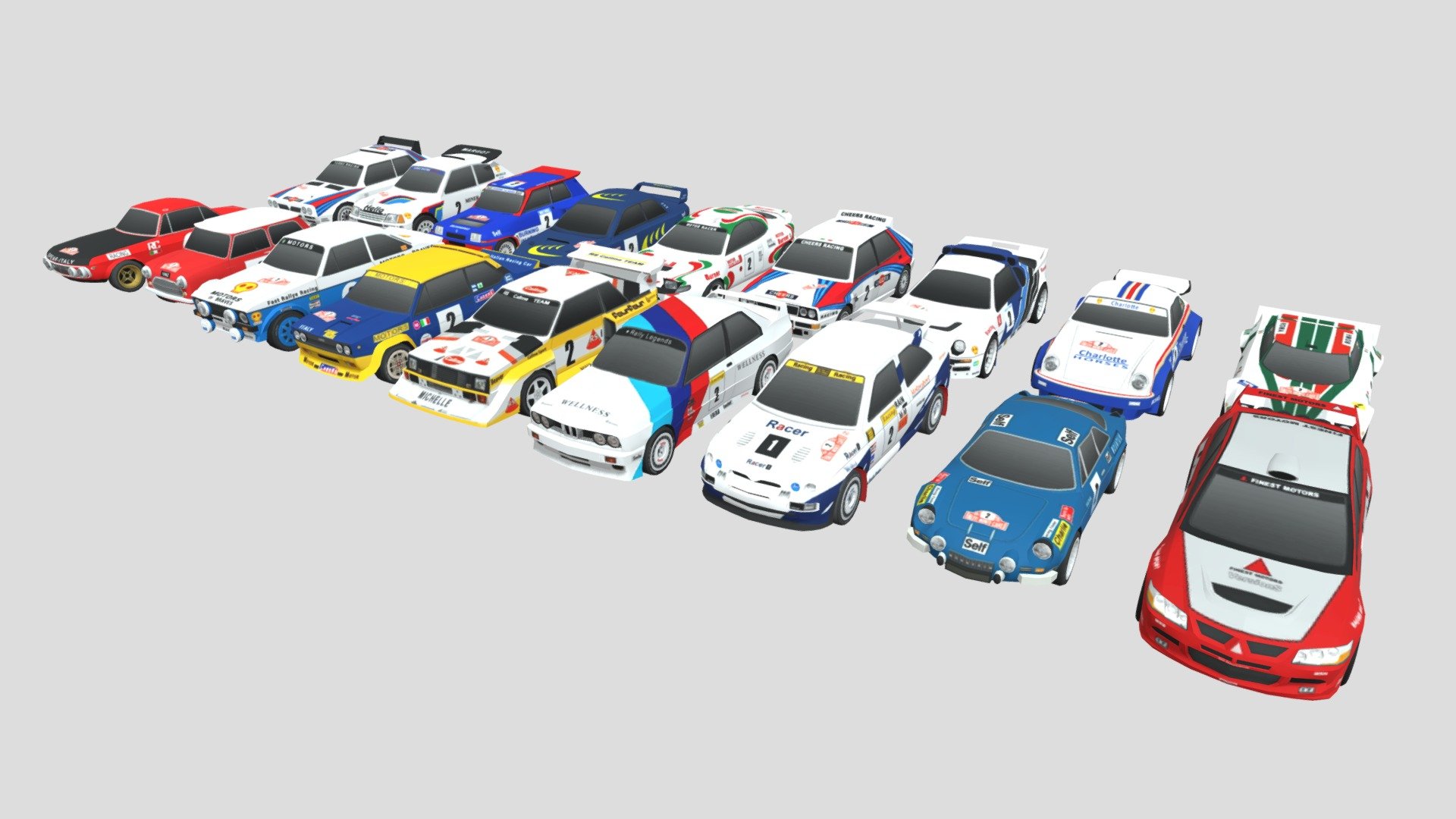 18 rally cars ready to use.

Use this for your game, video, and commercial 3d model