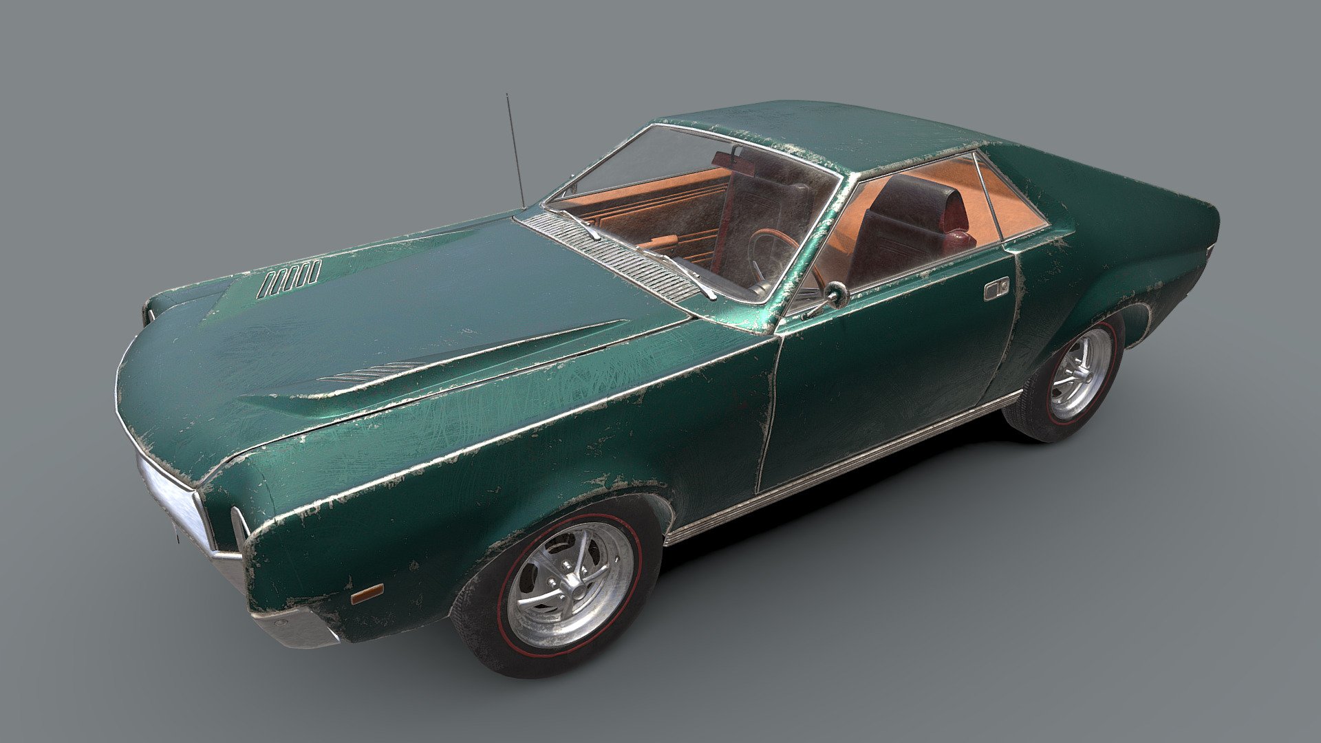 The AMC AMX is a two-seat GT-style muscle car produced by American Motors Corporation from 1968 through 1970.

Texture set included two 4k textures. 4k PBR texture exterior - frame, hoods, wheels, windows and 4k PBR texture interior - dashboard, seats, engine and mechanics. + Variations hood! + Three color themes based green, red and blue pbr texture!

If you need retexturing with wish you can make request in pm!

Detailed Description Info: 3D Model Geometry: Quads/Tris Polygon Count: 80 980 Vertice Count: 86 232 Textures: Yes Materials: No Rigged: No Animated: No UV Mapped: Yes Unwrapped UV's: Yes Non-Overlapping Textures formats: PBR textures include Diffuse, Roughness, Metallic, Normal and Opacity maps in 4K resolution PNG - AMC AMX 1968 - 3D model by VladRad 3d model