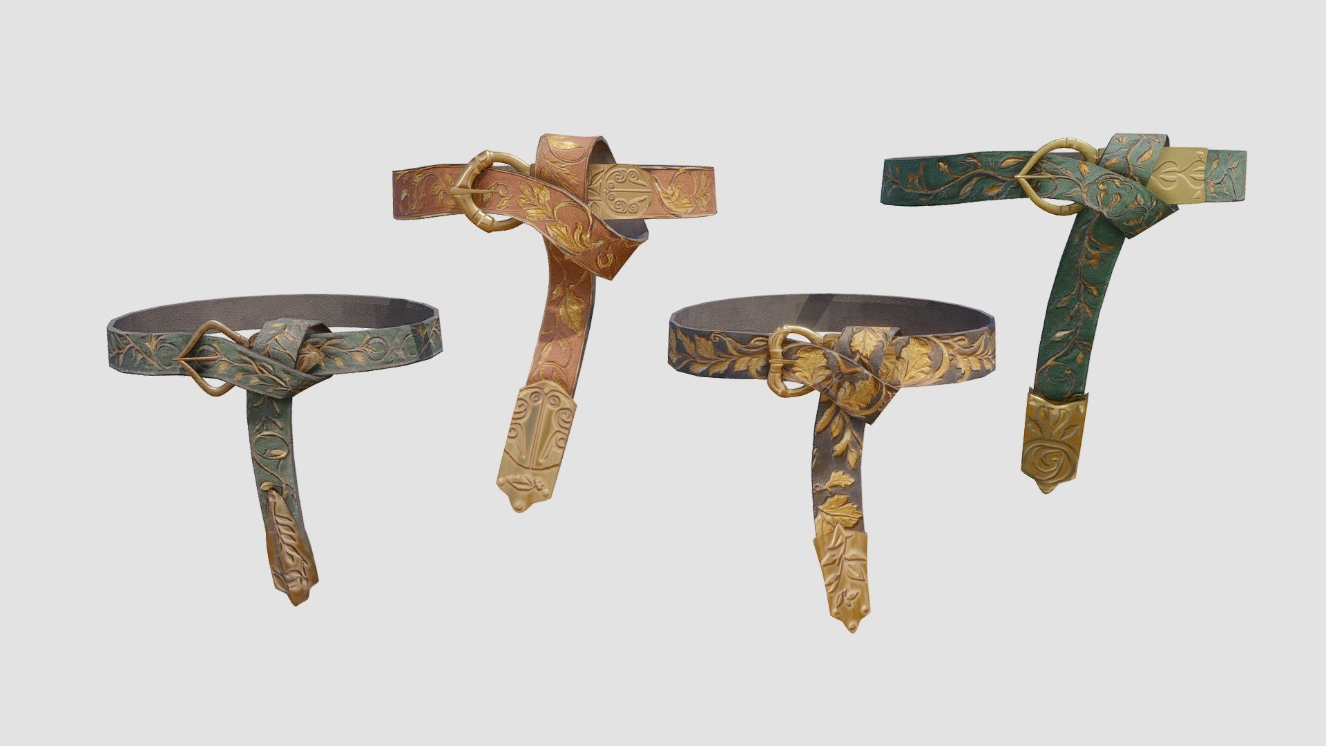Check out my website for more products and better deals! 👉 SM5 by Heledahn 👈

This is a digital 3D model of a set of three Medieval-Fantasy belts, inspired by the style of Ancient Rome. The belts are made of embossed leather, with beautiful floral shapes painted in gold. The buckles are large golden medallions, that hold the belt without piercing the leather.

🔹 Includes curve modifier to pose belt!

This product will achieve realistic results in your rendering projects, being greatly suited for close-ups due to their high quality topology and PBR shading 3d model