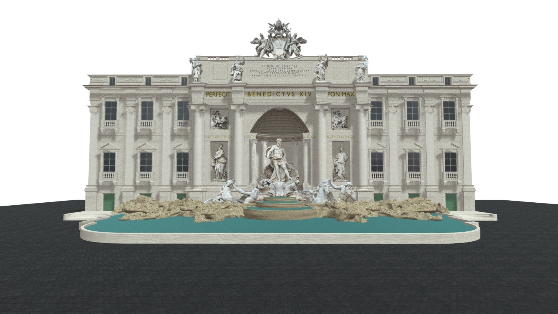 3D model of Trevi Fountain in Rome, Italy

Made in Blender

Unwrapped, good for close-up shots

Medium-poly



The Trevi Fountain (Italian: Fontana di Trevi) is an 18th-century fountain in the Trevi district in Rome, Italy, designed by Italian architect Nicola Salvi and completed by Giuseppe Pannini and several others. Standing 26.3 metres (86 ft) high and 49.15 metres (161.3 ft) wide, it is the largest Baroque fountain in the city and one of the most famous fountains in the world.
The fountain has appeared in several films, including Roman Holiday (1953); Three Coins in the Fountain (1954); Federico Fellini's classic, La Dolce Vita (1960); Sabrina Goes to Rome (1998); and The Lizzie McGuire Movie (2003) 3d model