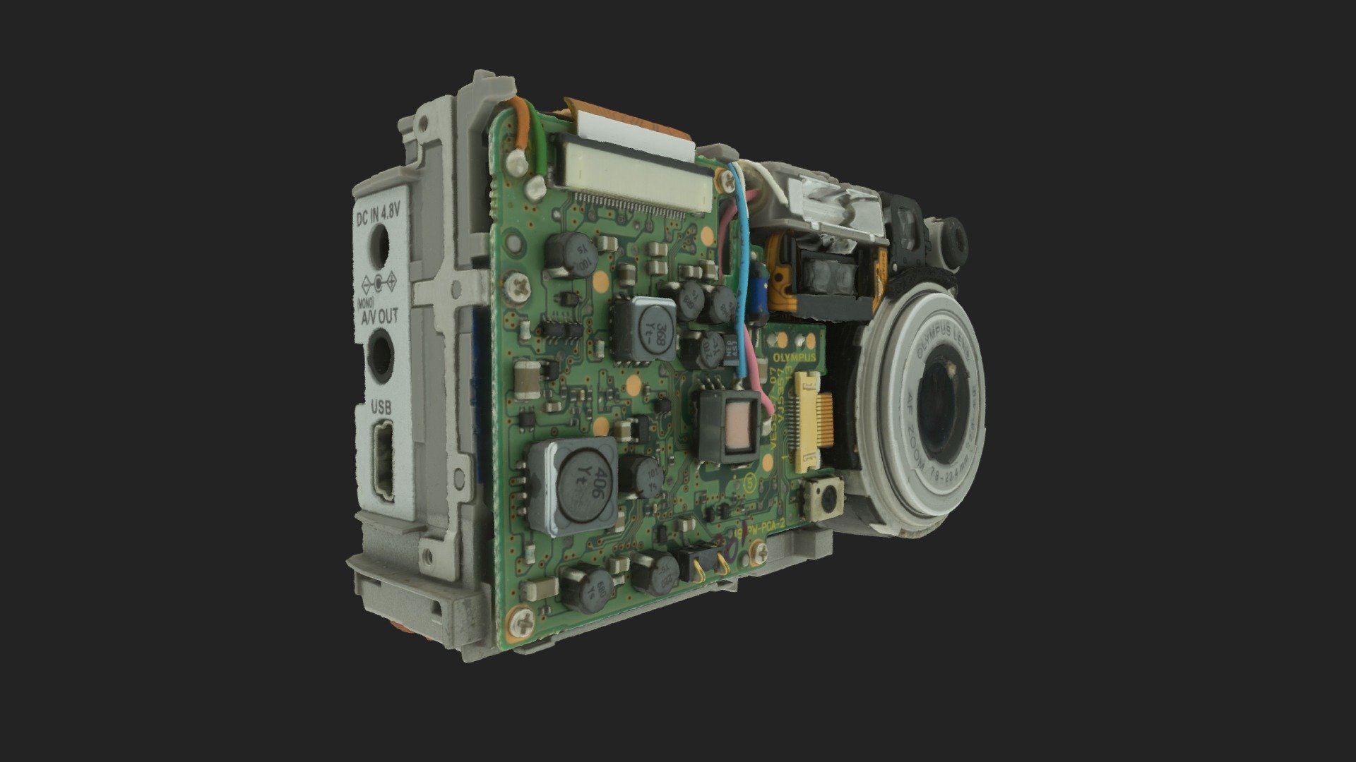 Inner parts of an old Olympus point’n’shoot camera shot with DIY photogrammetry rig.

Created in RealityCapture by Capturing Reality from 934 images in 03h:10m:12s. 15M tri model simplified down to 900k.

Hardware used: Sony A6000 SEL28-70mm @70mm, Nodal Ninja Mecha E1 as a turn table 3d model
