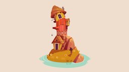 Witch Tower and Lil Witch Boy tower, cute, island, diorama, substance, maya, cartoon, witch, fantasy, witchtower