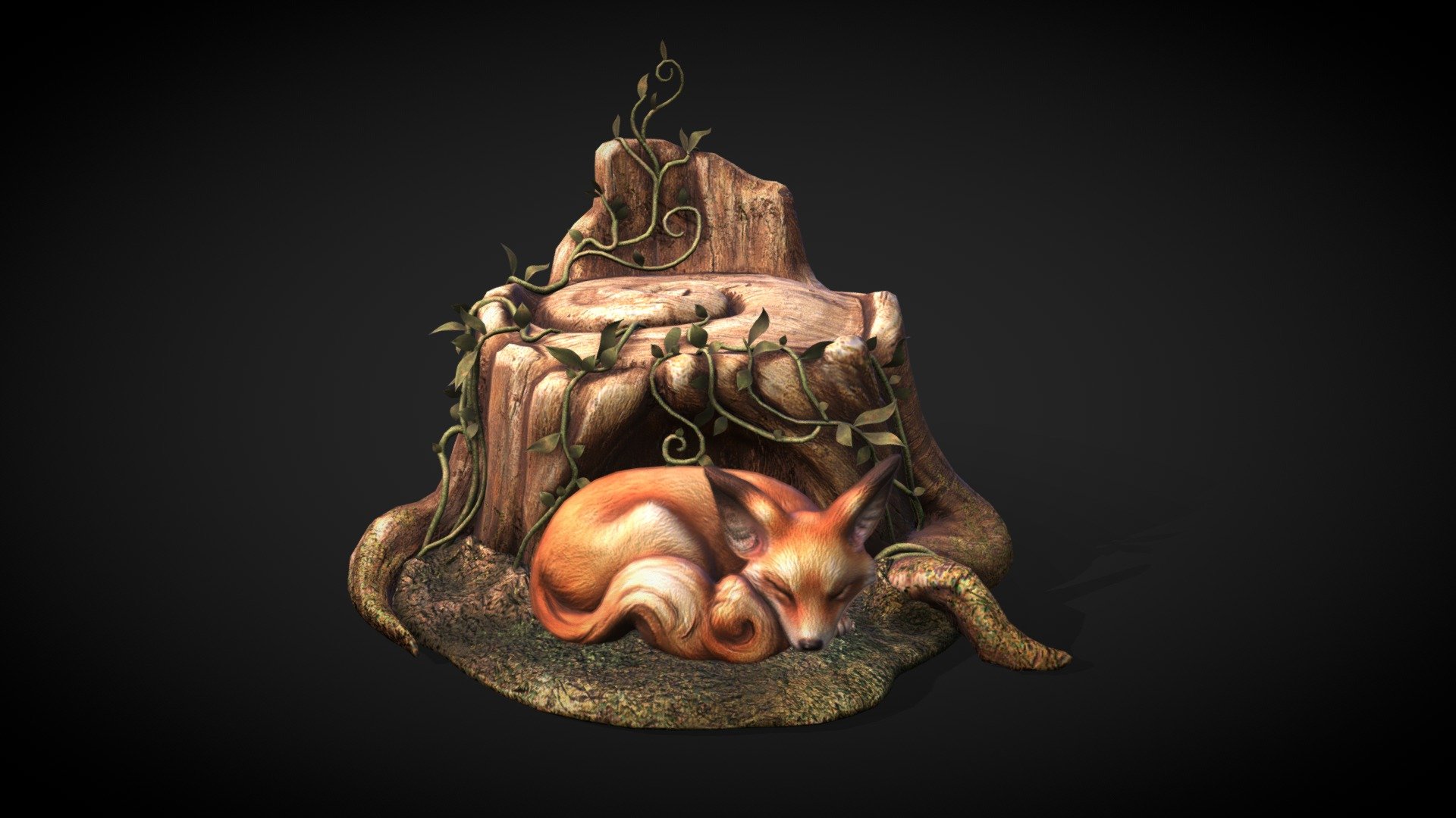 A little stylized fox sleeping in a little tree hollow 3d model