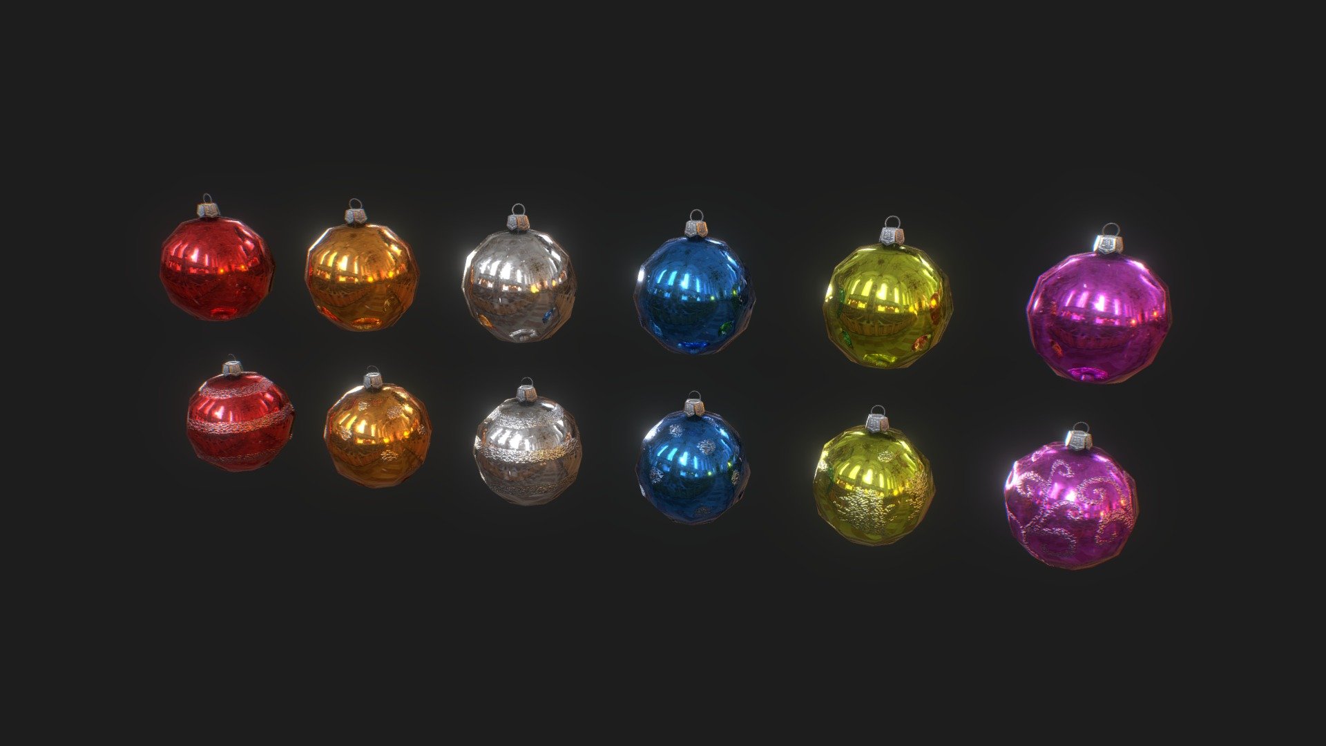 A collection of christmas-ball-ornaments! 
Very low poly and game ready optimized. Comes with 2 1080x1080p
PBR texture sets: One for the default variant, one with glitter! All balls share the same model and material.
Perfect for christmas enviroments! :)
If you have any questions or need something customized, hit me up! Im happy to help - Gameready, Low Poly, Christmas Ornaments - Buy Royalty Free 3D model by MelonMan 3d model