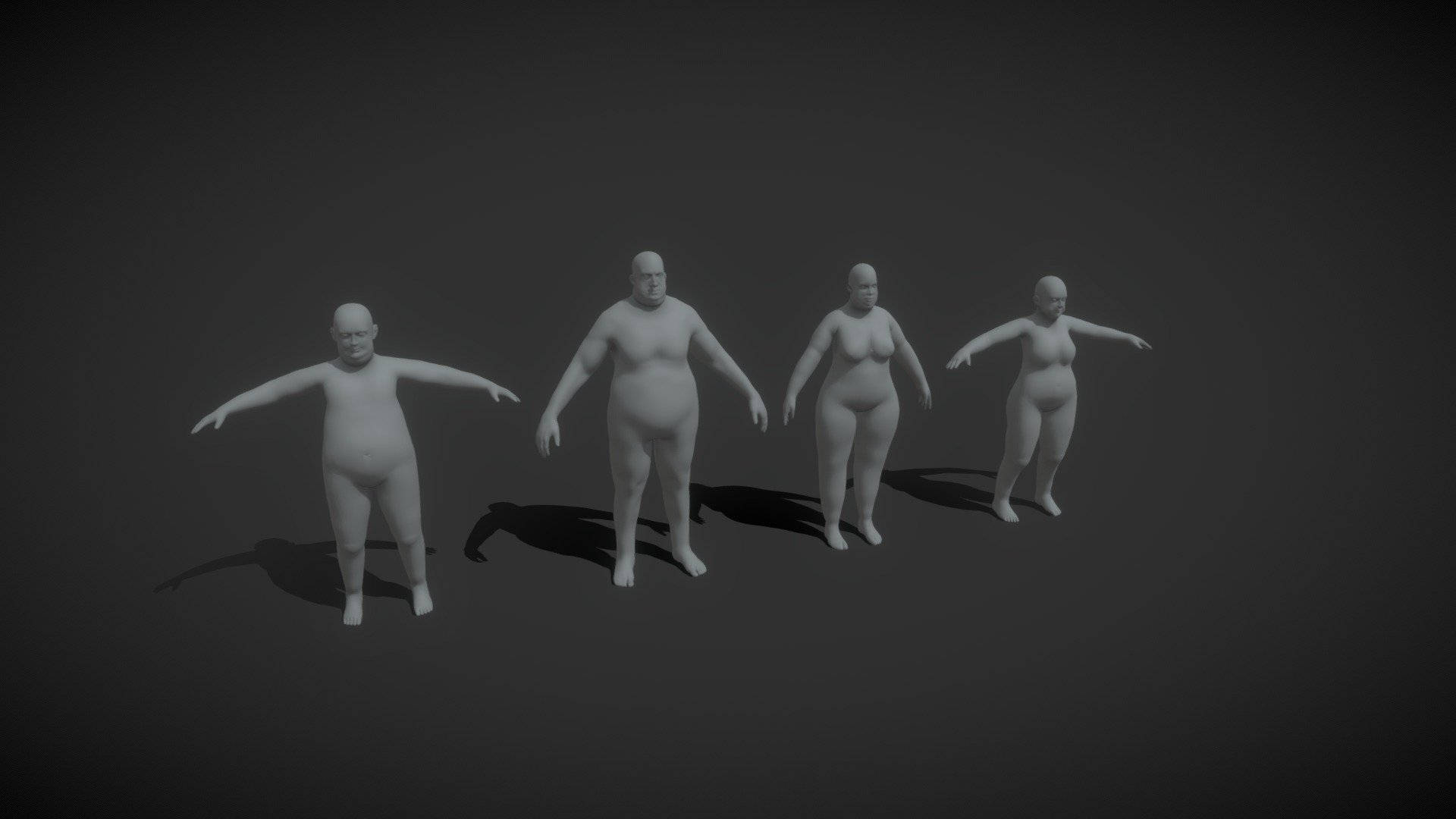 Fat Human Body Base Mesh 3D Model Family Pack 20k Polygons consists of 4 base mesh models:  


Male Body Fat Base Mesh 3D Model 20k Polygons (20168 Polygons, 19954 Vertices)  
Female Body Fat Base Mesh 3D Model 20k Polygons (20015 Polygons, 19678 Vertices)  
Fat Boy Kid Body Base Mesh 3D Model 20k Polygons (20840 Polygons, 19759 Vertices)  
Fat Girl Kid Body Base Mesh 3D Model 20k Polygons (20908 Polygons, 19804 Vertices)  

Technical details:  


File formats included in the package are (ask if needed): FBX, OBJ, GLB, ABC, DAE, PLY, STL, BLEND, gLTF (generated), USDZ (generated)  
Native software file format: BLEND  
Polygons: 81,931 (around 20k per model)  
Vertices: 79,915 (around 20k per model)  

You can buy any of them as a single model, or save 25% if you buy this pack 3d model