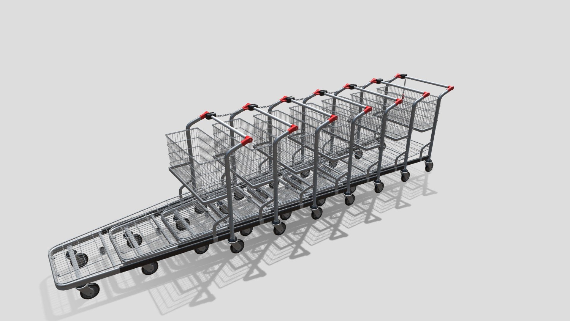 Shopping cart stack 3d model rendered with Cycles in Blender, as per seen on attached images. 
The model is scaled to real-life scale.

File formats:
-.blend, rendered with cycles, as seen in the images;
-.obj, with materials applied;
-.dae, with materials applied;
-.fbx, with material slots applied;
-.stl;

There are two sets of files, one with the stacks of trolleys, and one with single trolleys.
Files come named appropriately and split by file format.

3D Software:
The 3D model was originally created in Blender 2.8 and rendered with Cycles.

Materials and textures:
PBR material is being used, consisting of five 4k image textures (Base/Disp/Metallic/Normal/Roughness). 
Certain 3d softwares can possibly need texture re-assigning in order to get the proper material effect 3d model