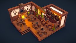 The Tavern bar, fireplace, wooden, barrel, pub, medieval, inn, candle, tavern, foliage, diorama, props, cozy, substance, blender, pbr, lowpoly, blender3d, zbrush, wood, stylized, fantasy, environment