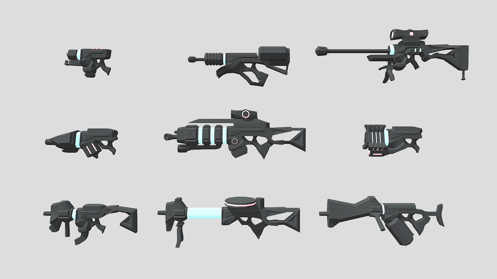 I made some lowpoly guns a while ago as I'm starting to lean more towards low poly assets for games.

I made the assault rifle first and then morphed all the other guns from it in a progressive way, mostly building upon some of the new designs as well to get other guns.

I watched an Imphenzia youtube tutorial about making a low poly sci-fi gun. This was my end result 3d model