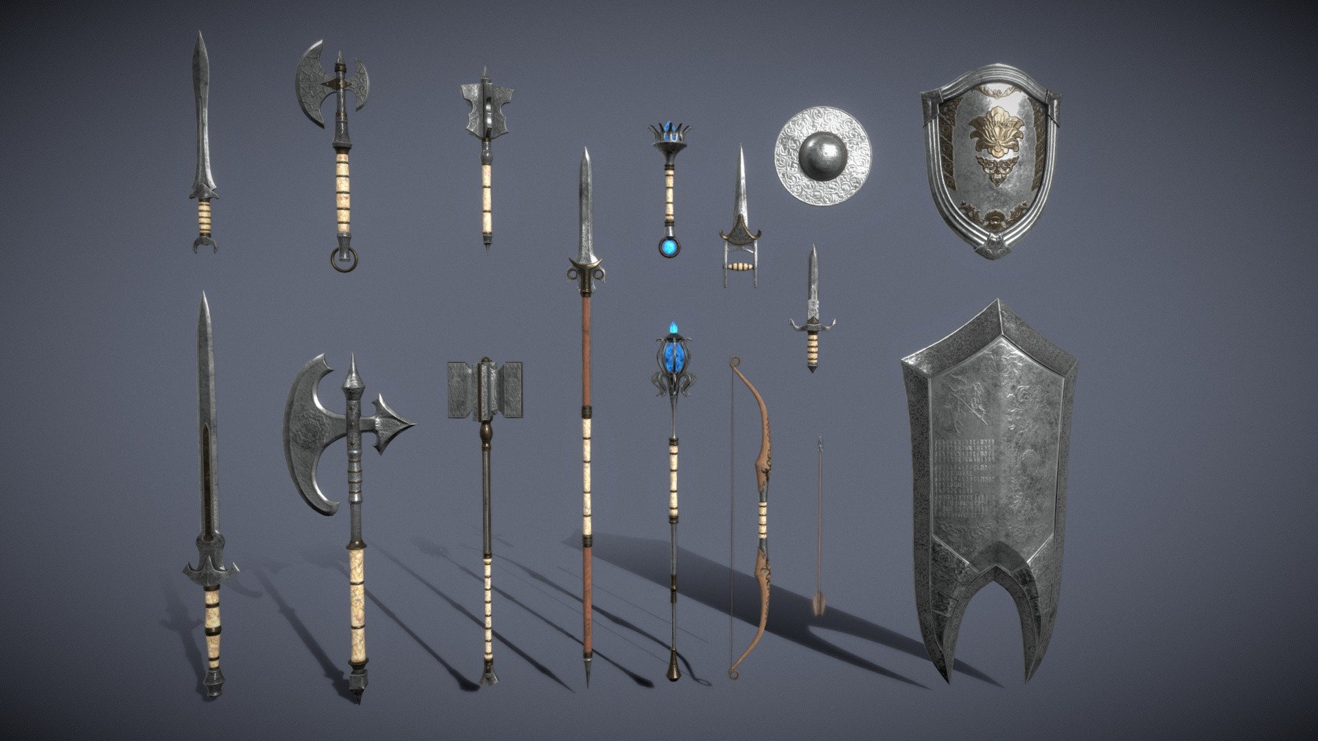 A set of fantasy Silver weapons.

The set consists of sixteen unique objects.

PBR textures have a resolution of 2048x2048.

Total polygons: 43218 triangles; 21853 vertices.

1) Sword (one-handed) - 1796 tris

2) Sword (two-handed) - 2180 tris

3) Mace (one-handed) - 1524 tris

4) Mace (two-handed) - 3420 tris

5) Ax (one-handed) - 2728 tris  

6) Ax (two-handed) - 2720 tris

7) Lance - 2452 tris

8) Dagger - 1312 tris

9) Brass knuckles - 2460 tris

10) Bow - 1844 tris

11) Staff - 8254 tris

12) Scepter - 5178 tris

13) Shield (small) - 1776 tris

14) Shield (medium) - 3500 tris

15) Shield (great) - 1706 tris

16) Arrow - 368 tris

Archives with textures contain:

Texturing Unity (Metallic Smoothness) - AlbedoTransparency, MetallicSmoothness, Normal, Emission

Texturing Unreal Engine - BaseColor, Normal, OcclusionRoughnessMetallic, Emissive - Silver Fantasy Weapon Set - 3D model by zilbeerman 3d model