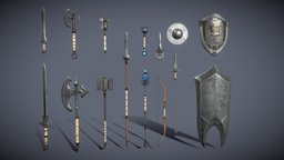 Silver Fantasy Weapon Set arrow, set, axes, bow, staff, shields, mace, swords, lance, pbr-game-ready, weapons, fantasy