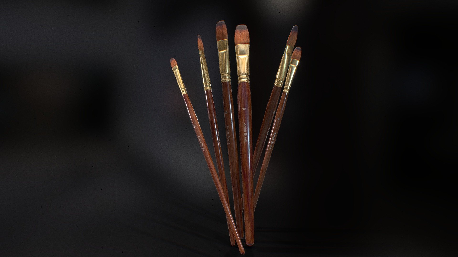 This are 3d models of brush set for using in water color painting. It is can be used as an art and drawing supplies for schools in games and many other painting related scenes. This set includes 5 different brush sizes all are lowpoly and quads.

This model is created in 3DsMax and textured in Substance Painter.

This models are made in real world product dimensions.

High quality of PBR textures are available to download.

Maps include - Base Color, AO, Normal, Metallic, and Roughness Textures 3d model