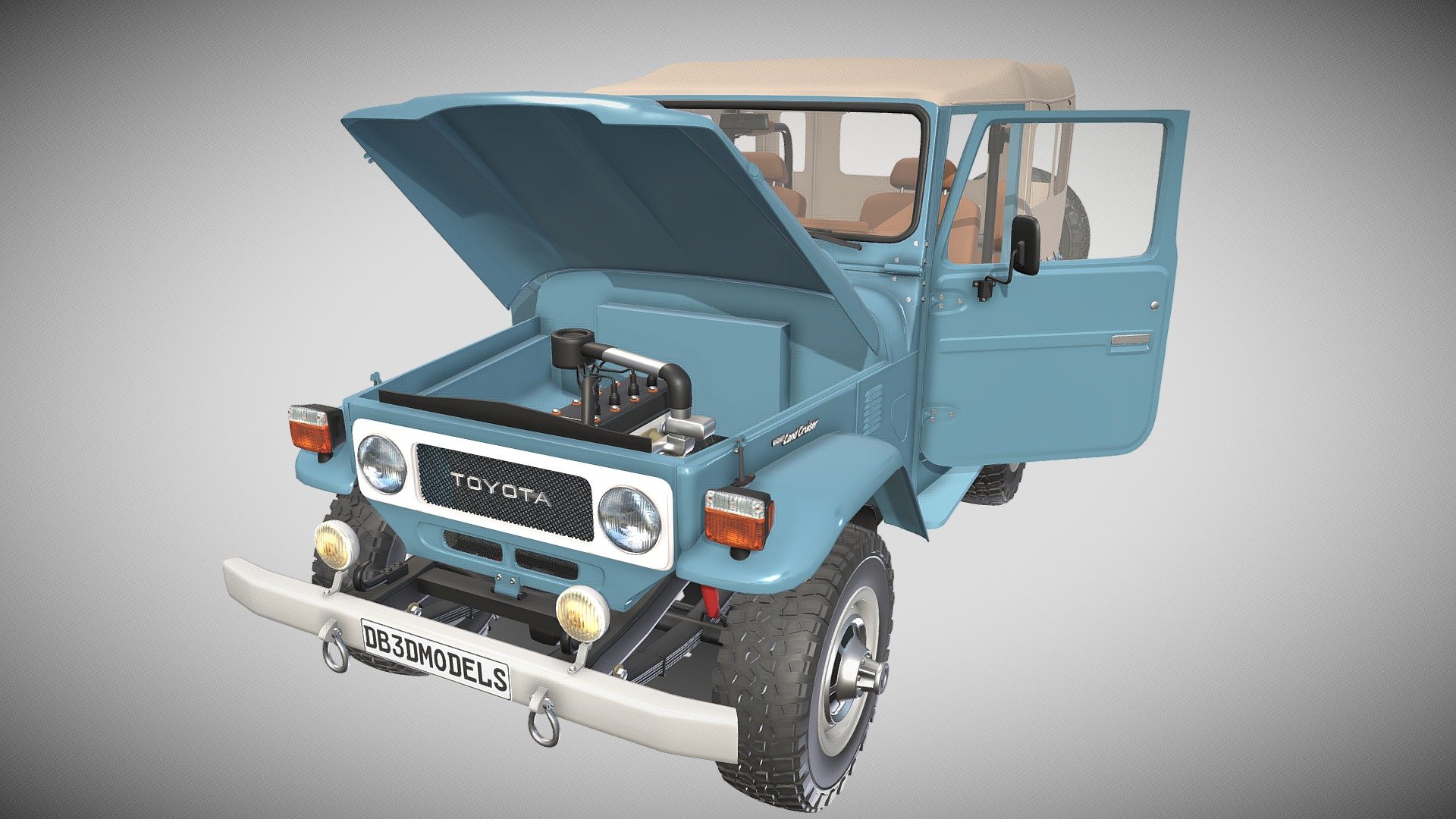 A very accurate model of the Toyota Land Cruiser FJ-40, with a HIGHLY DETAILED INTERIOR AND CHASSIS, WITH ENGINE, SUSPENSION AND BRAKES MODELED.

File formats:
-.blend, rendered with cycles, as seen in the images;
-.blend, rendered with cycles, with doors open, as seen in images;
-.obj, with materials applied and textures;
-.obj, with materials applied and textures and doors open;
-.dae, with materials applied and textures;
-.dae, with materials applied and textures and doors open;
-.fbx, with material slots applied;
-.fbx, with material slots applied and doors open;
-.stl;
-.stl with doors open;

3D Software:
This 3d model was originally created in Blender 2.79 and rendered with Cycles.

Materials and textures:
The model has materials applied in all formats, and is ready to import and render.
The model comes with multiple png image textures 3d model