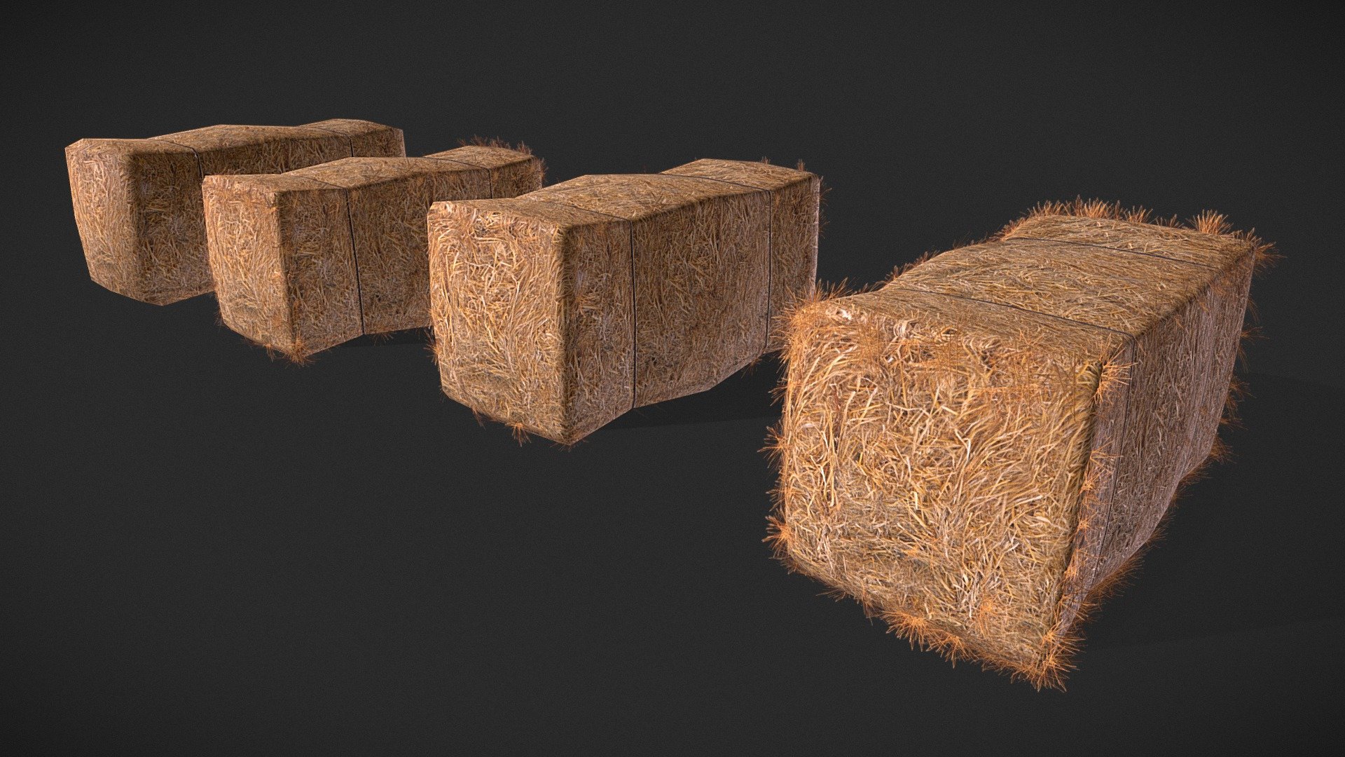 Hay Bale 3D Model

Includes 3 Lods and Main low Mesh. Only one Hay Mesh included. Preview Picture shows use of Hay with only half visable for shorter stacks. Scaled to real world scale.

LODs Hay_Bale_LOD0 Verts: 102 Polys: 104 Hay_Bale_LOD1 Verts: 442 Polys: 254 Hay_Bale_LOD2 Verts: 962 Polys: 384 Hay_Bale_LOD03 Verts: 2114 Polys: 1104

PBR Texture 2048x2048

Maps Included: BaseColor Normal Height Roughness Metallic Opacity

All Preview Renders were done in Marmoset Toolbag 3.06 From the Creators at Get Dead Entertainment Please Like, Follow, and Rate :) - Hay Bale Set - Buy Royalty Free 3D model by GetDeadEntertainment 3d model