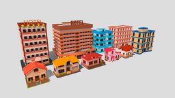 Low poly accommodations buildings hotel, apartments, houses, props, lowpoly, city, building, acommodation