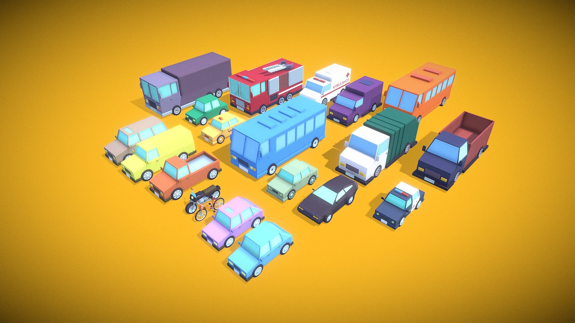 This set consists of 20 different low-poly 3D models of vehicles, designed for use in games or animations. Each model has optimized polygon count to ensure high performance and optimal visualization, even in real-time. 

These 3D vehicle models stand out with their minimalist yet recognizable forms, making them easy to integrate into any game project or animation scene. 

With this set of 3D models, you can quickly create diverse scenes featuring cars, realistic racing experiences, or use them as a foundation for your own creative projects. They are ready to use and guaranteed to elevate the quality of your game or animation work to a new level.

The models are triangulated, and each model has approximately +- 2000 triangles, striking a balance between detail and performance optimization for your project 3d model