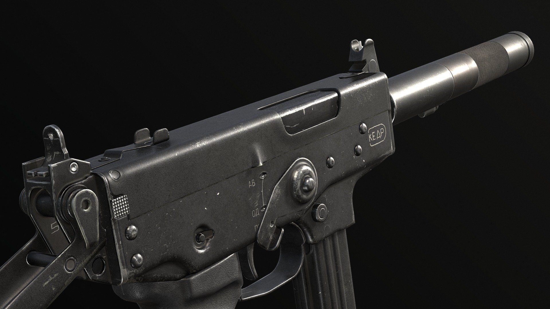 The PP-91 is a simply designed, easy to manufacture selective fire submachine gun designed by Yevgeny Dragunov (the designer of the SVD sniper rifle).

It is blowback operated and fires from a closed bolt, allowing for more accurate shooting than would be possible from an open bolt design. Ammunition is fed from a double column box magazine and it is supplied with folding shoulder stock.

Despite the small caliber of the round it uses, the notable advantages of the PP-91 are its compact size and the weight of only 1.5 kg, making it very easy to carry, and can be fired effectively by only one hand. The safety/selector lever is located on the right hand side and allows for semi-automatic single shots and fully automatic fire at the rate of 800 rounds per minute. The effective range of the PP-91 is between 50-100m. The weapon uses a diopter sight and allows for the use of a laser sight and a suppressor.

Modeled in Blender 2.93
Textured in Substance Painter
Made for Small Indie Company (We The People) - PP-91-01 Kedr-B - 3D model by SeveN (@SeveN-Models) 3d model