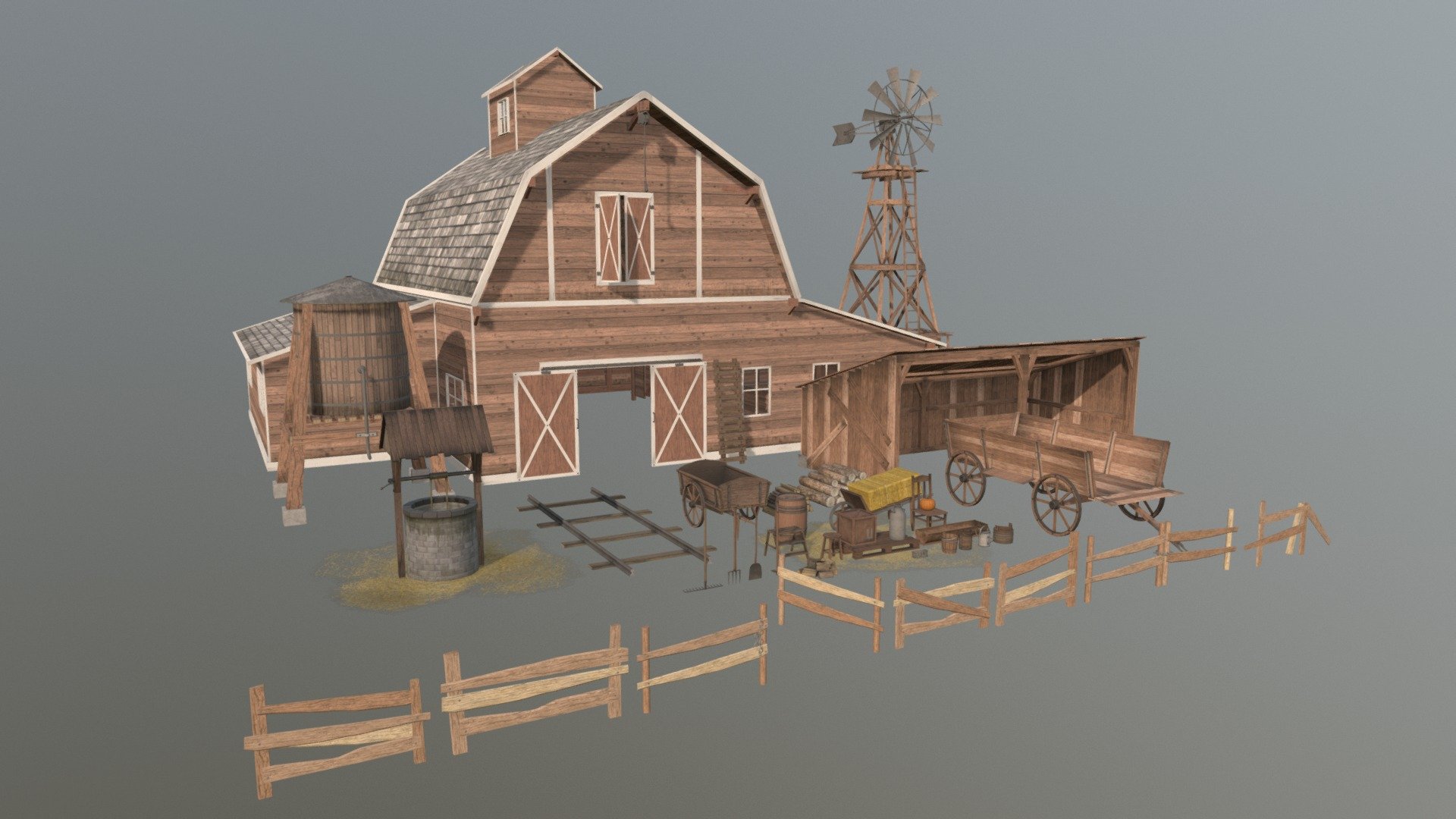 This package contains a set of high quality models to bring your farm scene to life! It was designed for realtime applications but works fine in any render scene as well!  

Feel free to check out my website for further details and purchase options.
https://polycrane.wixsite.com/polycrane

To see the different parts closer check here:   https://sketchfab.com/PolyCrane/collections/farm-assets-pack - Farm Assets - 3D model by PolyCrane 3d model