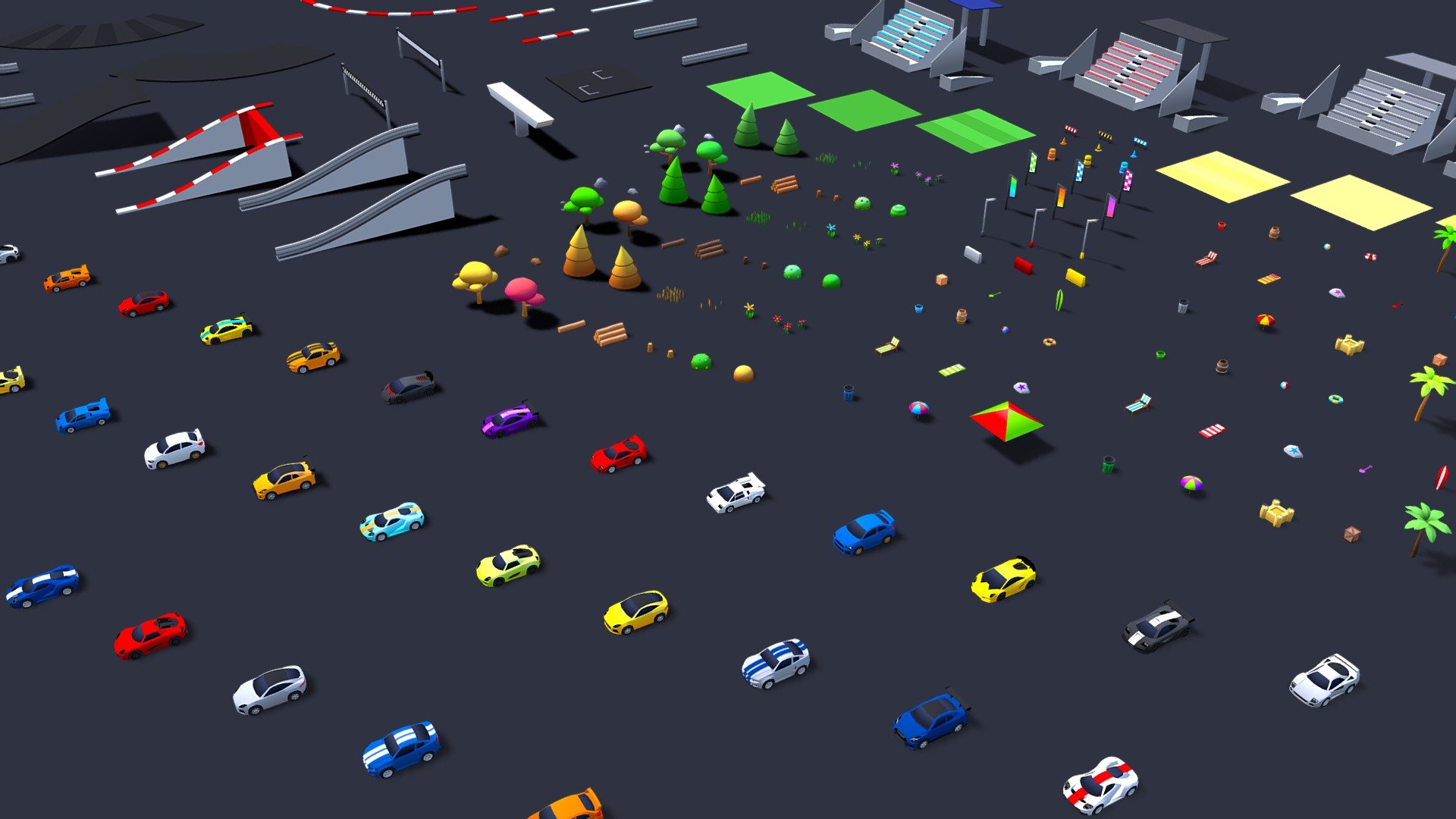 🏁 This is a racing kit that includes cars, modular track parts and decoration props.

RACING VEHICLES (x10).




5 COLORS FOR EACH CAR (50 car variations).

3100 - 3850 triangles per car (wheels included).

Prefabs included.

Cars use 2 materials (texture atlas of 512px * 512px).

Cartoon design.

RACING TRACK (x16).




Includes roads, curves, hills, apex sections and more. 2 colors for each model.

1 material.

Texture atlas (1024px * 1024px)

TRACK PROPS (x8).




Includes cones, flags, bleachers and more. 3 colors for each model (24 model variations).

1 material (2 in some models).

Texture atlas (1024px * 1024px)

PROPS: FOREST (x18).




Includes bushes, trees, flowers, rocks and more. 3 colors for each model (54 model variations).

1 material.

Texture atlas (1024px * 1024px)

PROPS: BEACH (x17).

Includes palms, umbrellas, towels and more. 3 colors for each model (51 model variations).
* 1 material.
* Texture atlas (1024px * 1024px) - CARS - Cute Racing Kit - Buy Royalty Free 3D model by SunsetStudio 3d model