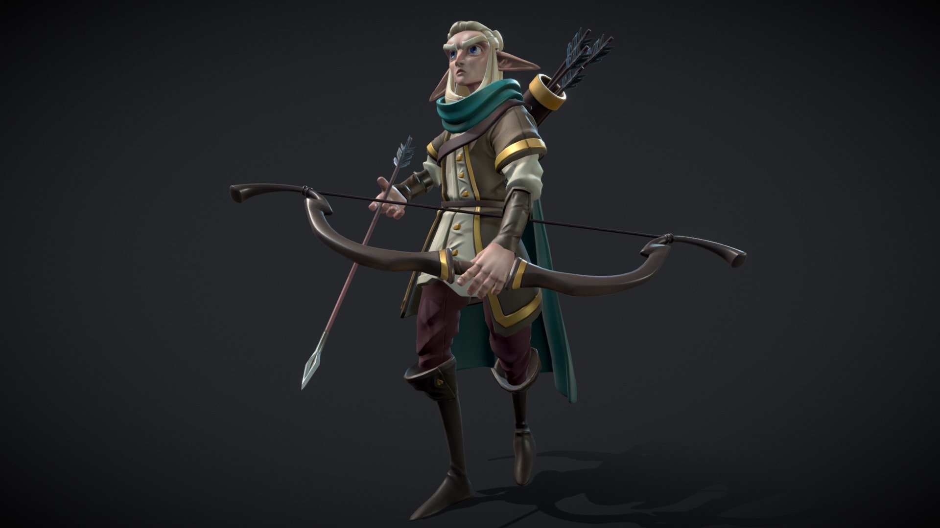 Behold: A lad. He's very pointy. 
The concept belongs to Florian Devos, it was love at first sight:
https://www.artstation.com/artwork/8wnDR6

A big, warm hug to the stylized team for always making classes amazing. I can't believe it's over :') - [DAE] Legolas Greenleaf - Stylized Final - 3D model by Giurgea Irina (@GiurgeaIrina) 3d model