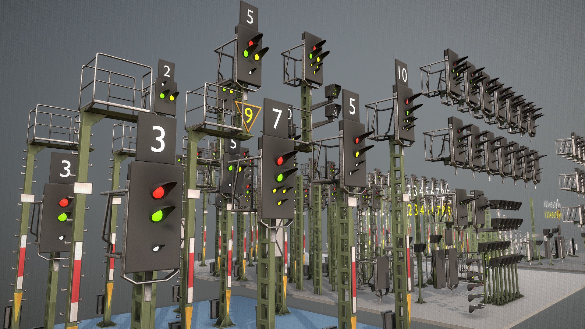 Here is a construction-set for ks railway signals with 157 parts to creat your own railway signal (180.000 polygons per set).
PBR-Textures in 8k res. wip-1 | wip-2 | High-Poly Version | wip-4

Viewpoints:




Some test results.

All modular parts with pbr textures. Available in additional file download

All modular parts optimised for shadeless use. One texture for everything! Interesting for mobile games or for applications how do not need PBR-Textures.Available in additional file download. All files have the ending &ldquo;vis