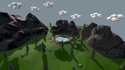 Low Poly Mountain with Crater Lake Scene tree, scene, landscape, forest, grass, assets, exterior, pine, prop, lake, earth, mountain, enviroment, map, nature, bush, crater, game-asset, game-model, environment-assets, stylized-environment, maya, cartoon, game, low, poly, gameasset, stylized, environment