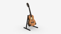 Classic acoustic guitar with stand music, instrument, wooden, stand, guitar, sound, musical, country, jazz, string, acoustic, classic, brown, play, blues, concert, song, folk, 3d, pbr