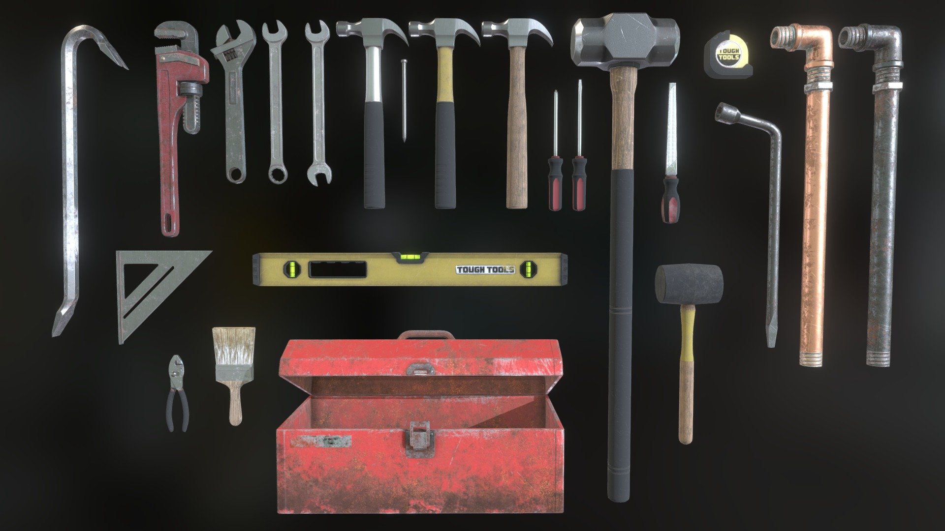 Toolset - Common Household Weapoons
A Set of 20 Tools.  One set in a series, Common Household Weapons.  Hero Assets designed for melee combat or generic decoration.
Available soon on the Unity Asset Store.
Set Contains 3 Levels of Wear for each tool.  Hammer and Pipe models have alternate textures.  Contains 93 Prefabs and 81 Texture Sets plus 21 Alternates with Sudo Logos and 17 Mesh Maps.
* Pipe
* Crowbar
* Pipe Wrench
* Crescent Wrench
* Combination Wrench
* Open-Ended Wrench
* Hammer
* Six Inch Nail
* Philips Head Screwdriver
* Flathead Screwdriver
* Sledge Hammer
* Mill File
* Tape Measure
* Tire Wrench
* Rubber Mallet
* Square Tool
* Level
* Slip Joint Pliers
* Paint Brush
* Tool Box - Toolset Sketchfab - 3D model by Trikery 3d model