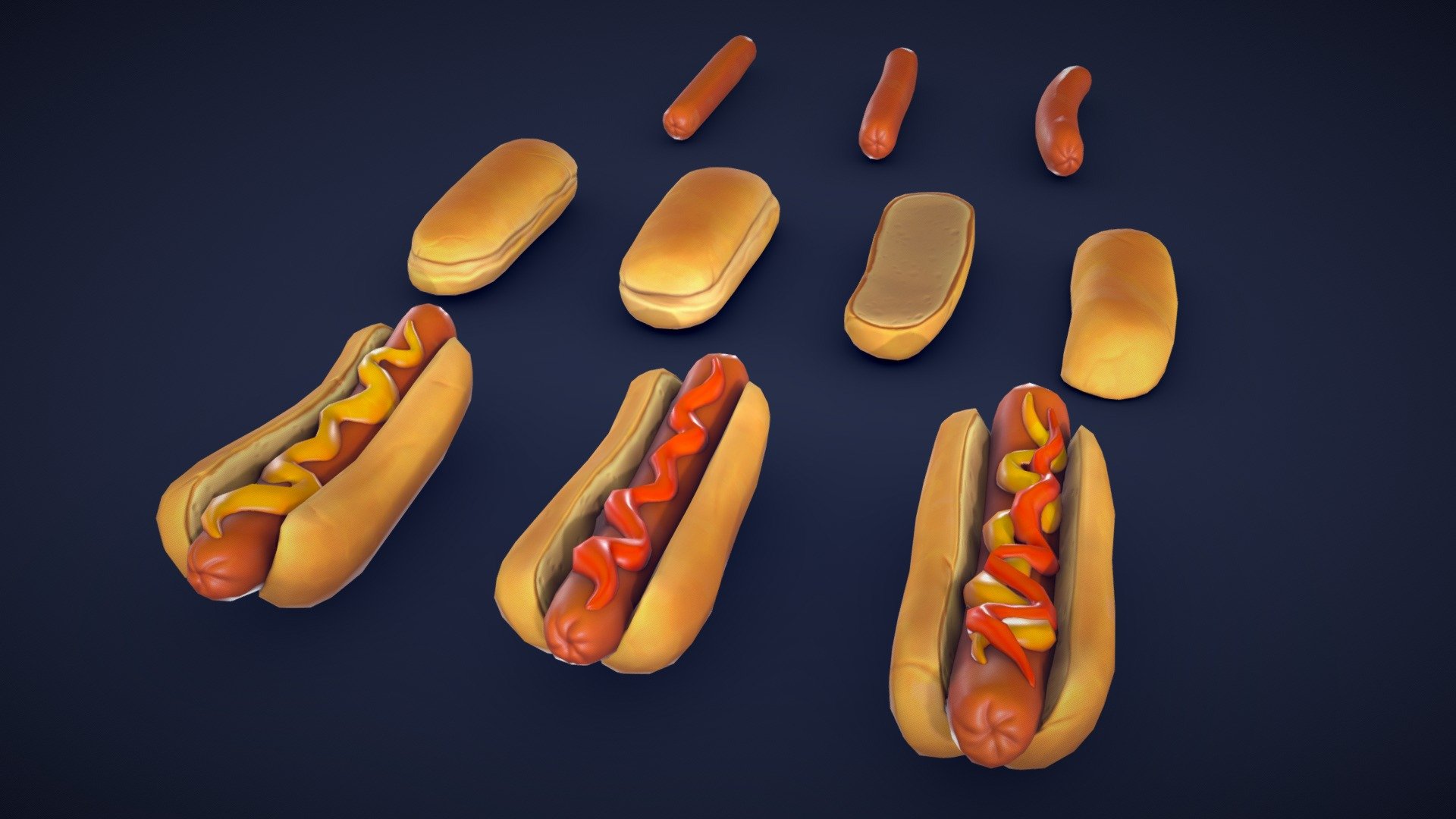 A collection of 10 unique hot dogs assets. All assets are low-poly and optimized for performance. Whether you’re building a food truck, designing a game level, or just need some tasty props, this pack has you covered. 🌭

Model information:




Optimized low-poly assets for real-time usage.

Optimized and clean UV mapping.

2K and 4K textures for the assets are included.

Compatible with Unreal Engine, Unity and similar engines.

All assets are included in a separate file as well.
 - Stylized Hot Dogs and Buns - Low Poly - Buy Royalty Free 3D model by Lars Korden (@Lark.Art) 3d model