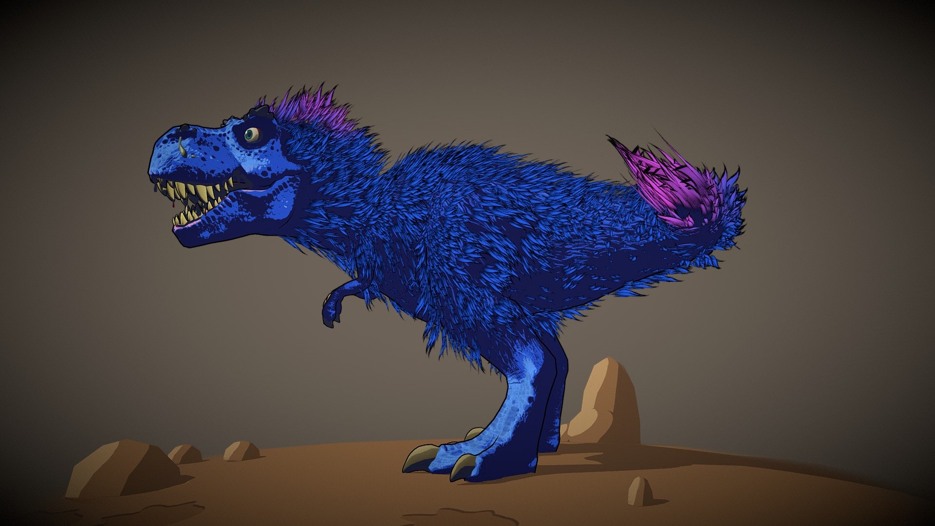 Trex with feather 3d comic toon version

You can see this artwork rendered in Blender here:
https://www.artstation.com/artwork/m8nW2Y - Comic-toon trex - 3D model by creatureFab (@3dCoast) 3d model