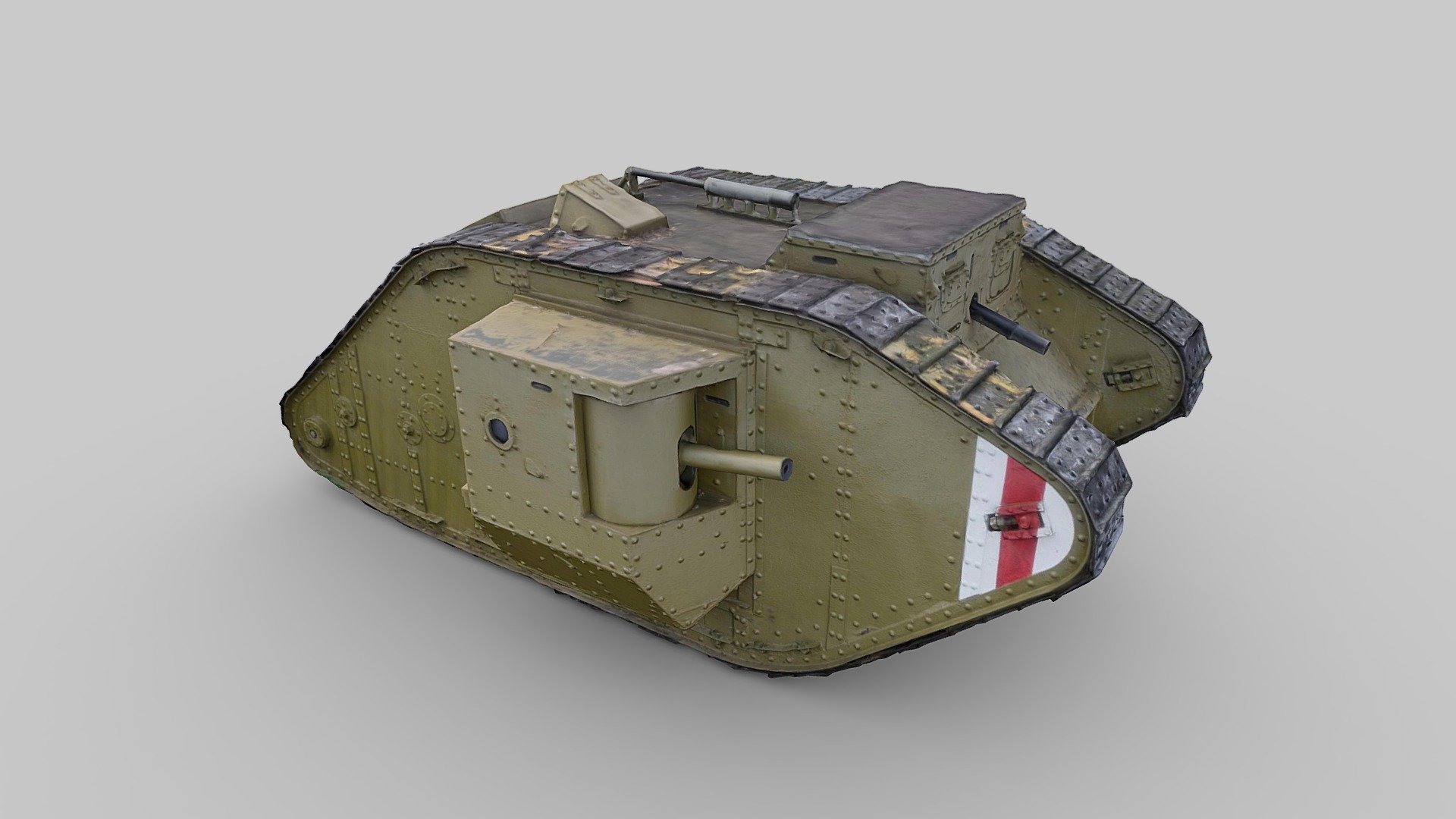 Photogrammetry capture of the body of a replica First World War Mark IV tank located towards the north east corner of Cedars Park, Waltham Cross.

Replica by Dr Tony Cooke and Kevin Jepson (2006):
https://www.keymilitary.com/article/new-presentation-tank-waltham-cross

529 photos taken with a Sony a7R III and 211 photos taken with a GoPro Hero 11 Black. Processed in Reality Capture. Underside heavily recreated/repainted in Mudbox.

Texture: 4096 x 4096 pixels diffuse 3d model