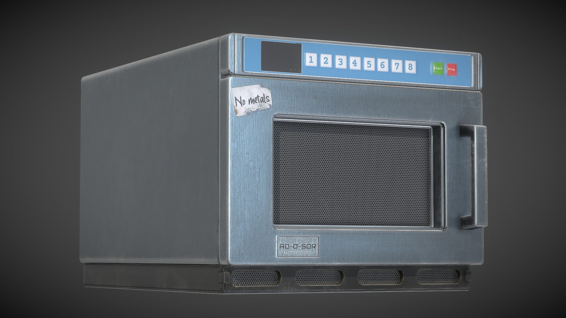 High Quality - fully textured PBR game ready model of a commercial restaurant microwave.

Immerse your audience in an authentic culinary experience with this highly accurate and meticulously modeled commercial microwave. From its sleek stainless steel exterior to its intuitive control panel, every element has been painstakingly crafted to replicate the real-world counterpart with utmost precision.

Created with optimized geometry and high-resolution textures, this 3D model ensures optimal performance while maintaining exceptional visual fidelity. The meticulously hand-painted textures showcase realistic materials, including metallic surfaces, reflective glass, and durable plastics, enhancing the overall level of immersion.

Object:

Made in Maya
Ready to use in any PBR compliable program such as Unreal, Unity etc.
Models centered at origin 0,0,0.
Real world scale (cm).
948 triangles.
Textures:

Full PBR set - Realistic Microwave Restaurant - Buy Royalty Free 3D model by PixelPress 3d model