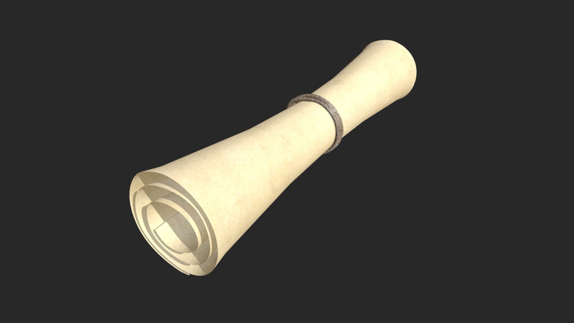 === The following description refers to the additional ZIP package provided with this model ===

Rolled up paper scroll 3D Model. 2 individual objects (scroll, cord), sharing the same non overlapping UV Layout map, Material and PBR Textures set. Production-ready 3D Model, with PBR materials, textures, non overlapping UV Layout map provided in the package.

Quads only geometries (no tris/ngons).

Formats included: FBX, OBJ; scenes: BLEND (with Cycles / Eevee PBR Materials and Textures); other: 16-bit PNGs with Alpha.

2 Objects (meshes), 1 PBR Material, UV unwrapped (non overlapping UV Layout map provided in the package); UV-mapped Textures.

UV Layout maps and Image Textures resolutions: 2048x2048; PBR Textures made with Substance Painter.

Polygonal, QUADS ONLY (no tris/ngons); 6462 vertices, 6458 quad faces (12916 tris).

Real world dimensions; scene scale units: cm in Blender 3.6.7 LTS (that is: Metric with 0.01 scale).

Uniform scale object (scale applied in Blender 3.6.7 LTS) 3d model