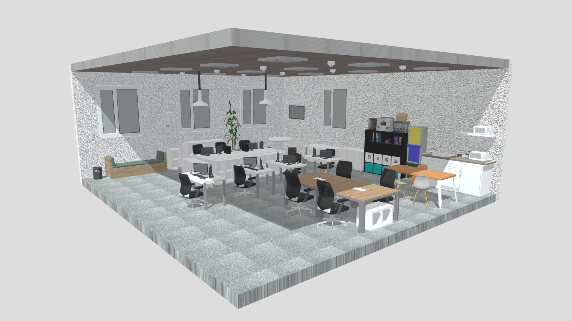 This model contains a great complete office based on real differents furnitures from a real office which i modeled in Maya 2018. This model is perfect to create a new great scene from a house or an office or whatever you think is great. You can use any of the different furnitures in the room as you want with every separated texture.

The model is separated in every different type of furniture which will be organized in the outliner, the one i will show you in some of the screens you can see above. Soon i will upload a new office scene, with the same furnitures but with a different office structure. If you are interested in getting it before contact me.

This model is one of a great collection of office furnitures which will be published separately and in 1 unique pack.

If you are interested in getting this model contact me.

If you experience any kind of difficulties, be sure to contact me and i will help you as soon as i read the message. Sincerely Yours, ViperJr3D - Office - Buy Royalty Free 3D model by ViperJr3D 3d model