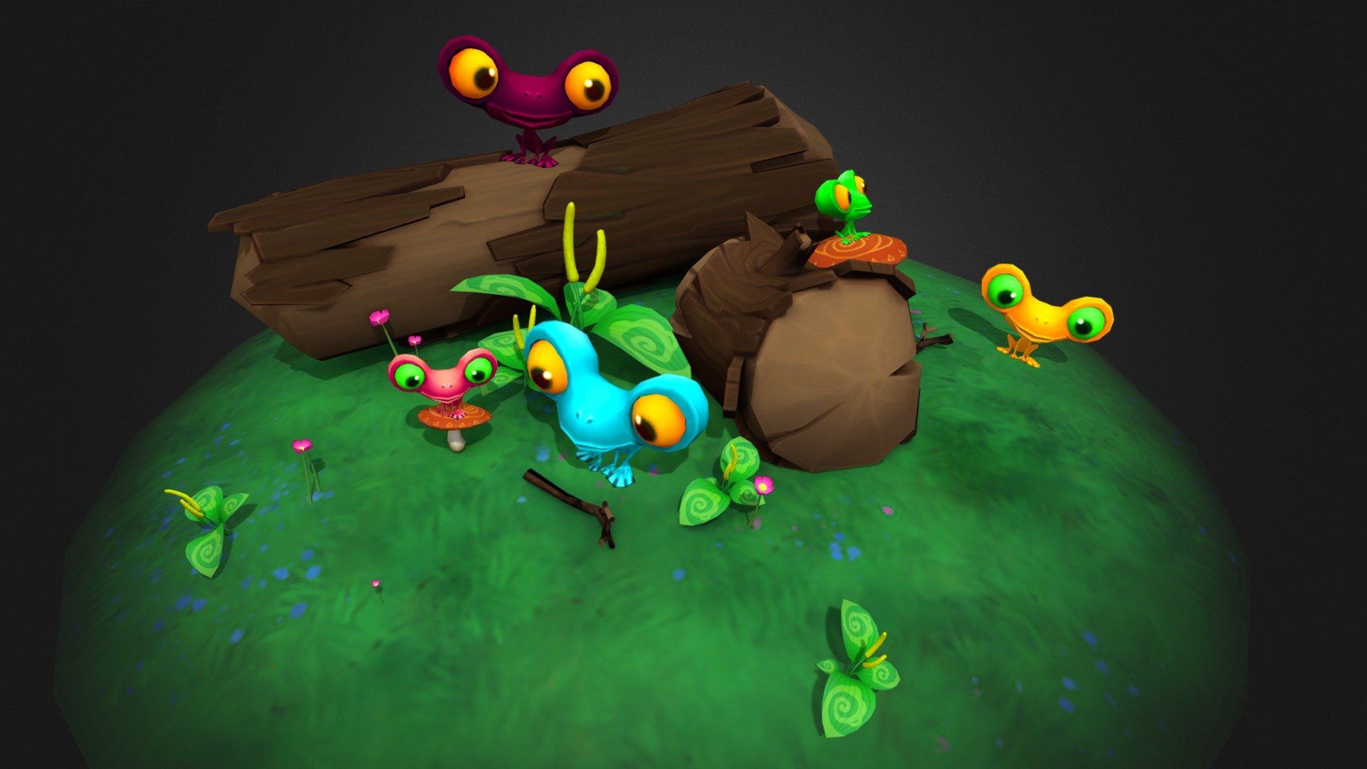 Frogs pack
The pack contains a collection of well organized files

6 color variations


Animations
Idle 1
 Idle 2
 Jump

Demo scene is included in the pack


Enjoy!

Please feel free to contact me if you have any questions or comments. If you like it, please rate it! - Frogs pack - Buy Royalty Free 3D model by TheGameAssets 3d model