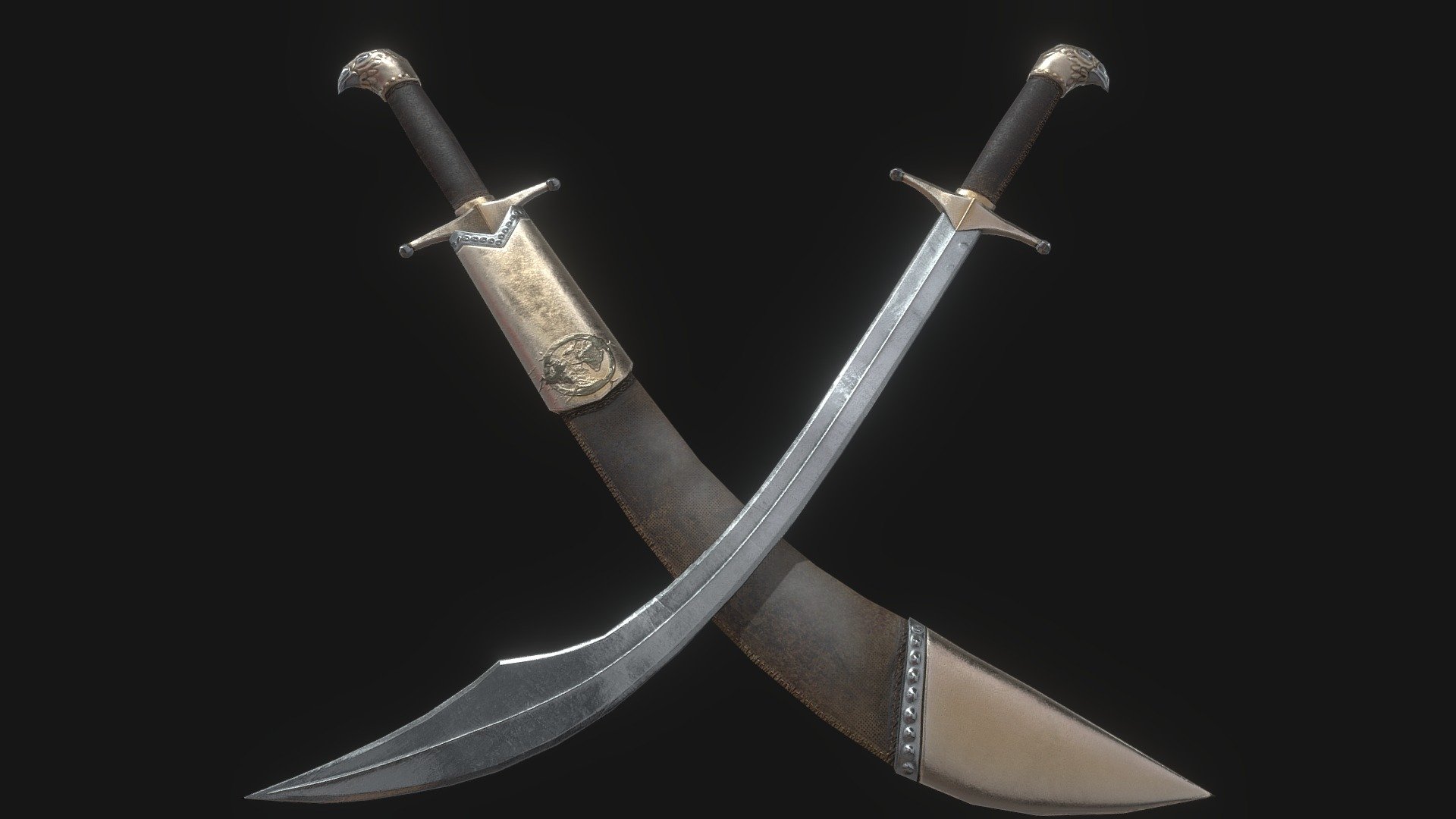An eastern medieval Scimitar and Sheathe!

Designed for games in Low-poly PBR including Albedo, Normal, Metallic, AO, and Roughness 2K textures.

This model from Ferocious Industries can be found in 3 different material skins, and this one uses the ‘Dull Bronze’ texture set.

782 Triangles (One Sword + One Sheathe) 3d model