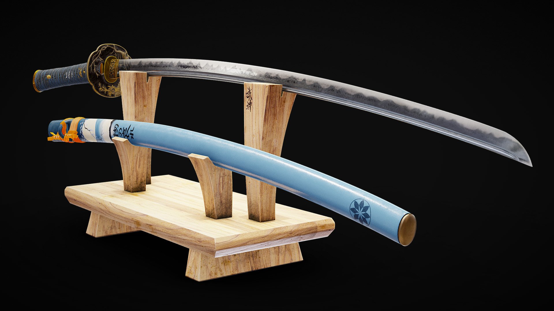 A highly detailed VFX model I made of an ōdachi, The ōdachi (大太刀) (large/great sword) or nodachi (野太刀, field sword), is a type of traditionally made Japanese sword, used by the samurai class of feudal Japan. The Chinese equivalent of this type of sword in terms of weight and length is the miaodao, and the Western battlefield equivalent (though less similar) is the Zweihänder or claymore (Read more about it here ). This is a part of a collection of super realistic Japanese swords and daggers.

Turn on HQ Textures ;) - Blue Odachi - Large Samurai Sword - Katana - Buy Royalty Free 3D model by neatpolygons 3d model