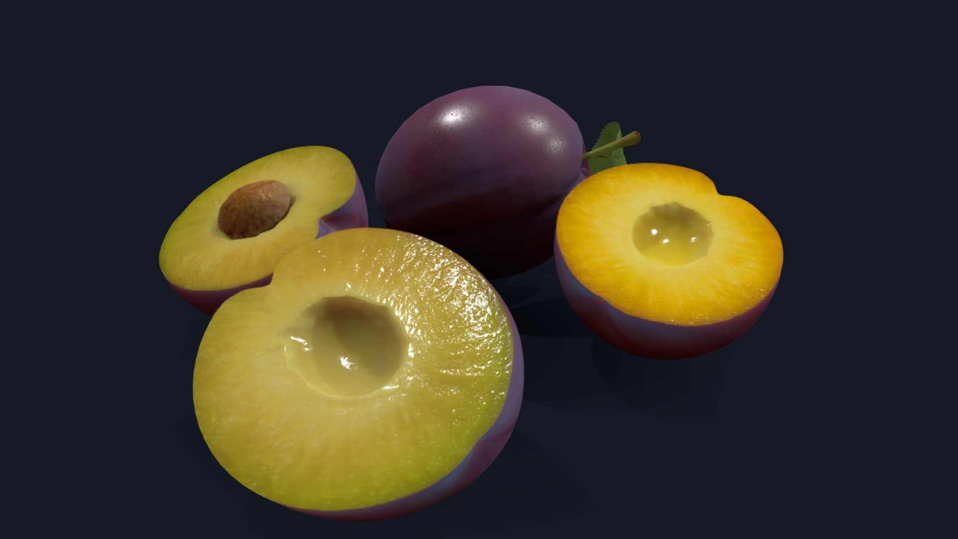 This model of a plum comes with 2K maps: Albedo, Specular, Gloss, Normals and an alpha cutout for the edges of the leaf 3d model