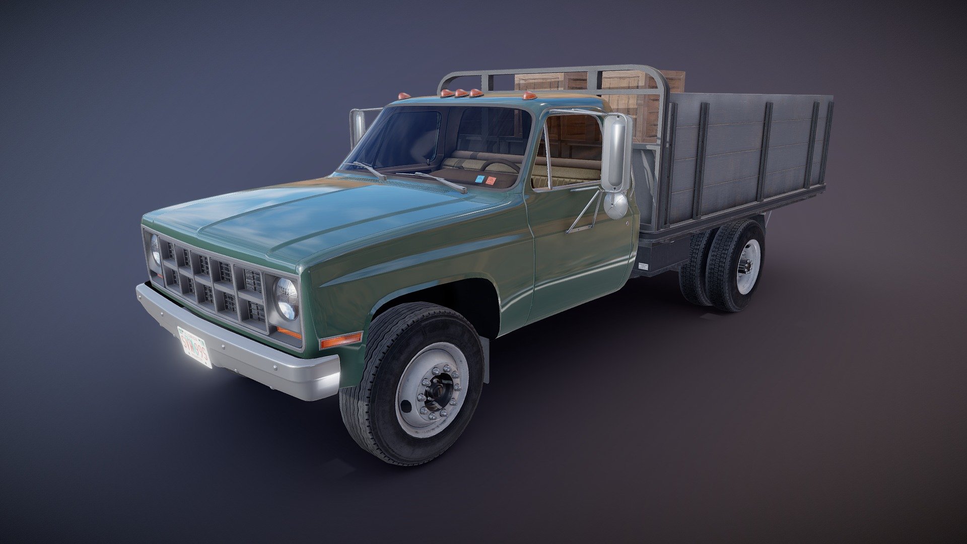 Farmer truck game ready model.

Full textured model with clean topology.

High accuracy exterior model.

Different tires for rear and front wheels.

High detailed cabin - seams, chrome parts, wipers, mud flaps and etc.

High detailed rear suspension with axles and other parts.

Two variants of cargo - big boxes in covers and small wood boxes.

Two textures for interior - black and brown.

Lowpoly interior - 2855 tris 1652 verts

Wheels - 10254 tris 6132 verts

Full model - 47196 tris 28137 verts.

High detailed rims and tires, with PBR maps(Base_Color/Metallic/Normal/Roughness.png2048x2048 )

Original scale.

Lenght 5.6m , width 1.9m , height 2.1m.

Model ready for real-time apps, games, virtual reality and augmented reality.

Asset looks accuracy and realistic and become a good part of your project 3d model