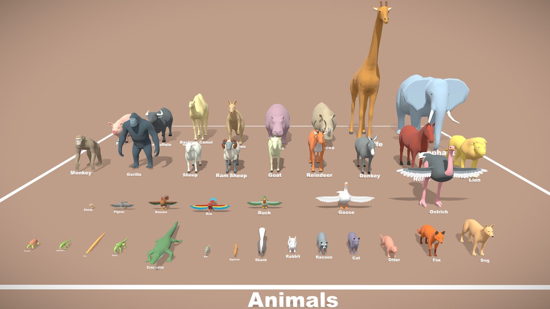 This is a basic pack of 38 animals selected from the full pack. Helps you optimize costs but still meet your needs. The collection is suitable for game projects, cartoons, print models&hellip;
Collection description:

Collection includes 28 model files ( FBX ) + 1 full color texture ( PNG )

The polygon amount of the package is about 28k tris. Average 6k tris per animals.



Buy large collections to save more than buying small: https://sketchfab.com/3d-models/animal-collection-lowpoly-pack-100-assets-bf3fb326b7454299bde2b3b01b1d9447



Contact me for support. Hope to receive feedback from everyone. Thanks 3d model