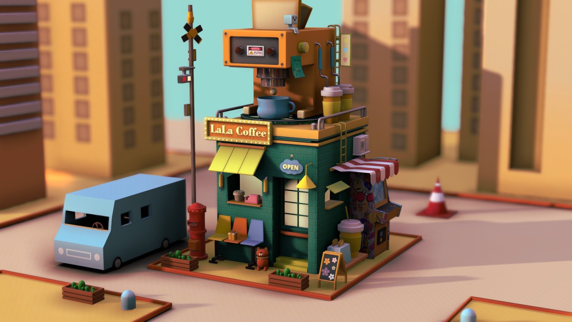 A diorama of a Toy café. A project that I made in Maya, and textured in Substance Painter, to test my skills. The original idea came from https://www.pinterest.jp/pin/1091137815956458468/. Don´t know if that user is the original author tho. Hope you like it - LaLa Café - 3D model by Franchute (@FrancoGam) 3d model