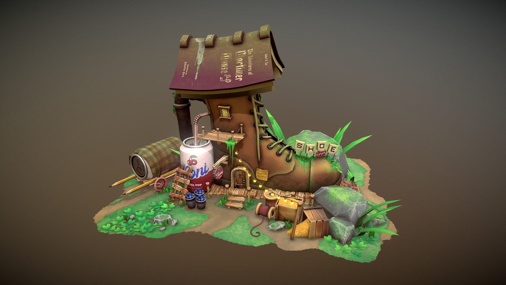 A small scene set in a small world. The Shoe Inn is the place where even the smallest creature can get a cold beverage and a tasty snack 3d model