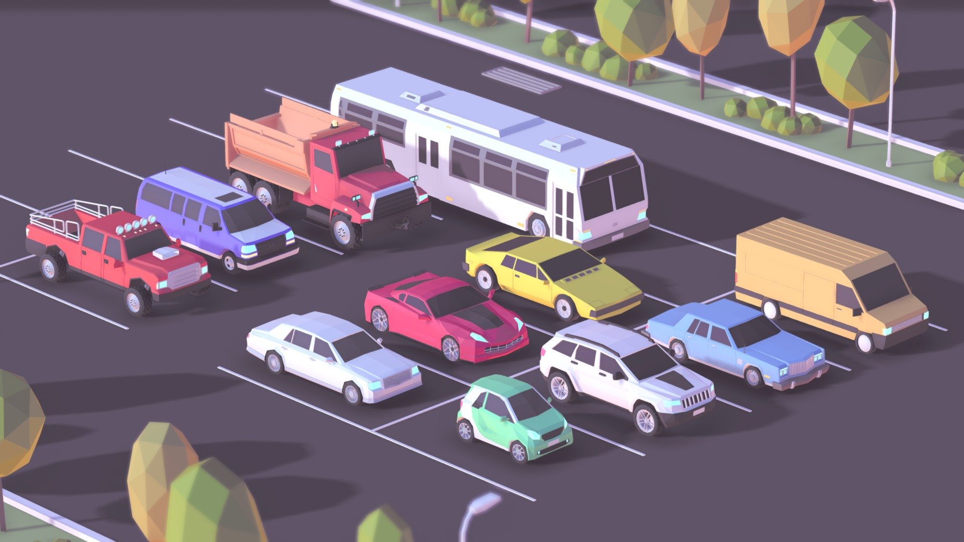 Cartoon Low Poly USA City Cars Pack Asset Scene

Created on Cinema 4d R17 

67 375 Polygons

Procedural Textured 

Game Ready,AR/ VR Ready
 - Cartoon Low Poly City Cars Pack - Buy Royalty Free 3D model by antonmoek 3d model