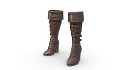 Female Fantasy High Heel Calf Boots steampunk, leather, high, knee, medieval, elf, hero, brown, boots, elven, heels, calf, pbr, low, poly, female, pirate, fantasy