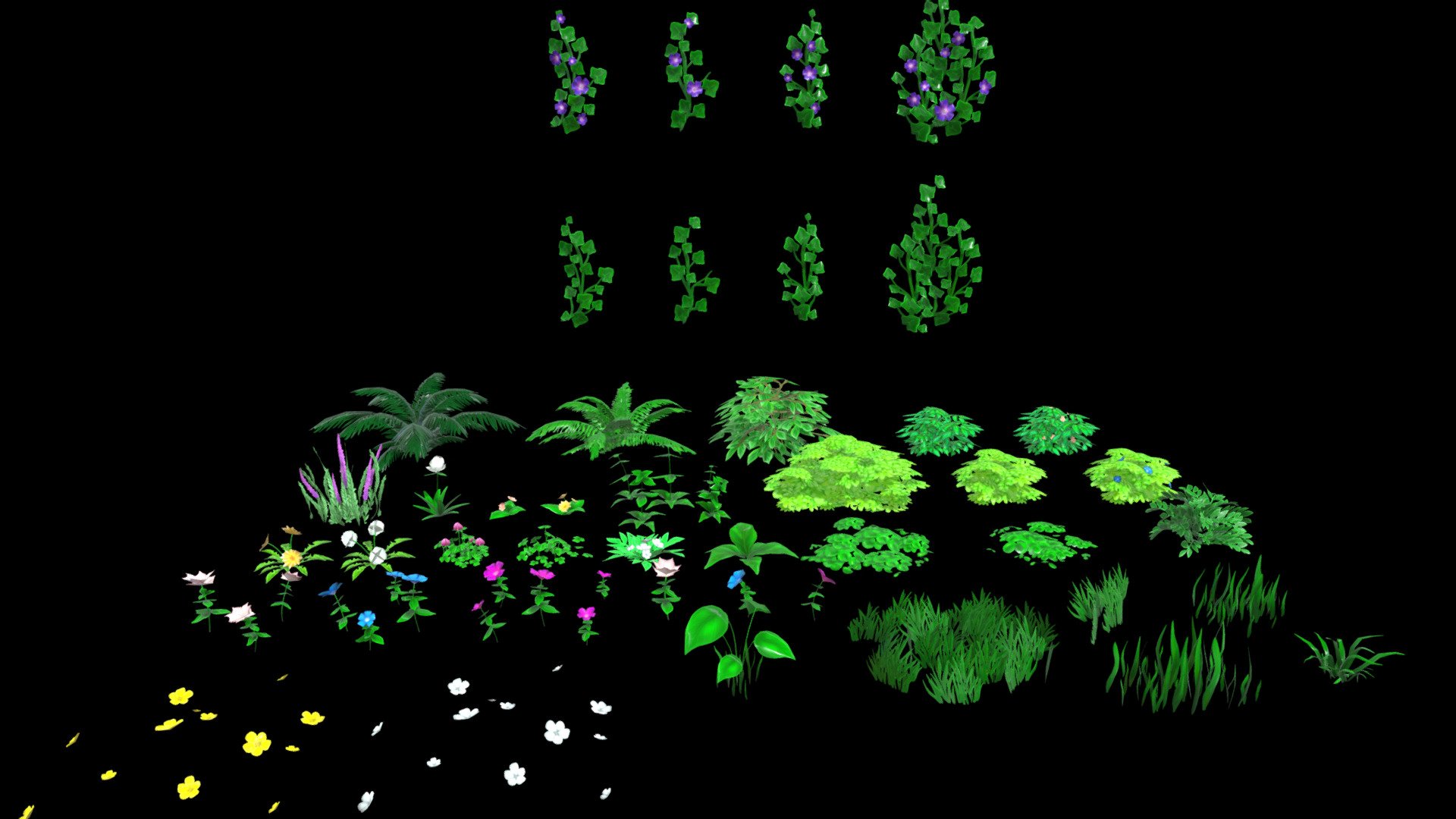 An array of lush, stylized flora assets, including bushes, flowers, and ground cover. Part of the Friendly Forest Asset Pack I have available in my Gumroad shop 3d model