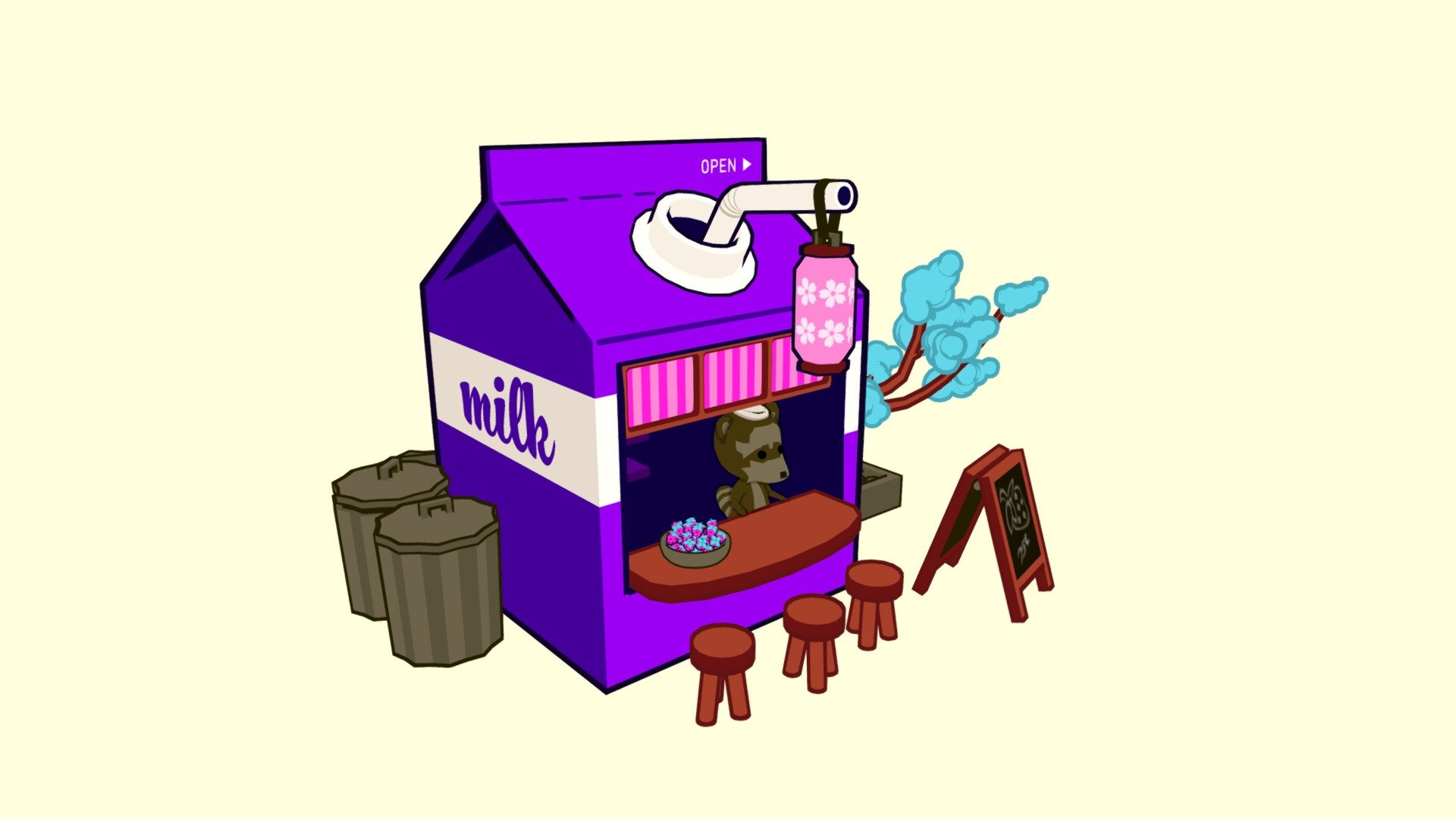 A fun little project I've been working on to practice my cartoon modeling and color design skills.

Inspired by this model by Breaking (@Off) https://skfb.ly/6QWR7 - The Milk Bar - Download Free 3D model by ScientificWaffle 3d model