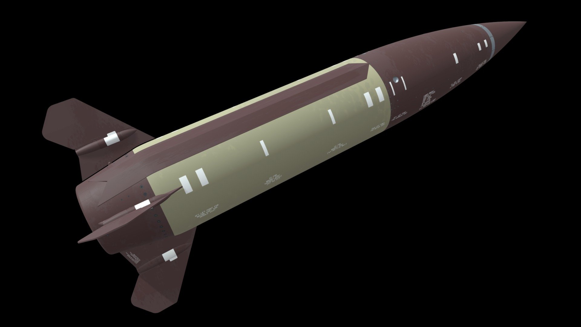The MGM-140 Army Tactical Missile System (ATACMS) is a surface-to-surface missile (SSM) manufactured by the U.S. defense company Lockheed Martin. It has a range of over 100 miles (160 km), with solid propellant, and is 13 feet (4.0 m) high and 24 inches (610 mm) in diameter.
This model is presented with a two-color scheme

The ATACMS can be fired from multiple rocket launchers, including the M270 Multiple Launch Rocket System (MLRS), and M142 High Mobility Artillery Rocket System (HIMARS).
(Wikipedia).
The model was built using information, photos an image from internet, therefore its dimensions and details are not precise.
It is an inaccurate representation and not a correctly engineered model.
Thanks to Jeyhun Pashayev for the photos - MGM-140 MARKINGS-01 - 3D model by Edgar Brito (@e.brito) 3d model