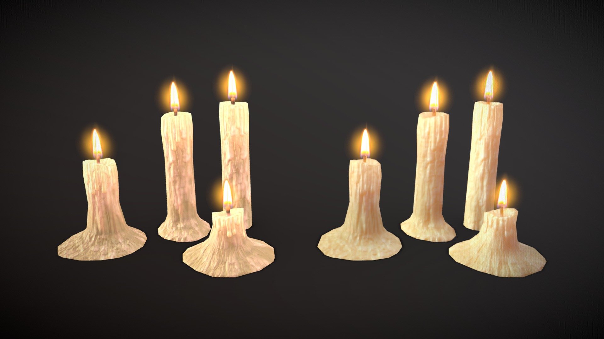 Set of 4 lowpoly candles.

2048x2048 textures: base color, roughness, normal and emissive.
The flame uses a 512x512 image with alpha transparency.

The emissive texture is intendede to be used to simulate the efect of the light glowing through the candle, this effect can be improved using subsurface scatering. The candles on the left only use the emissive texture, the ones on the right use both the emissive texture and a subsurface shader.

Formats: .fbx and .obj

Individual files for each piece are included in the Additional File 3d model